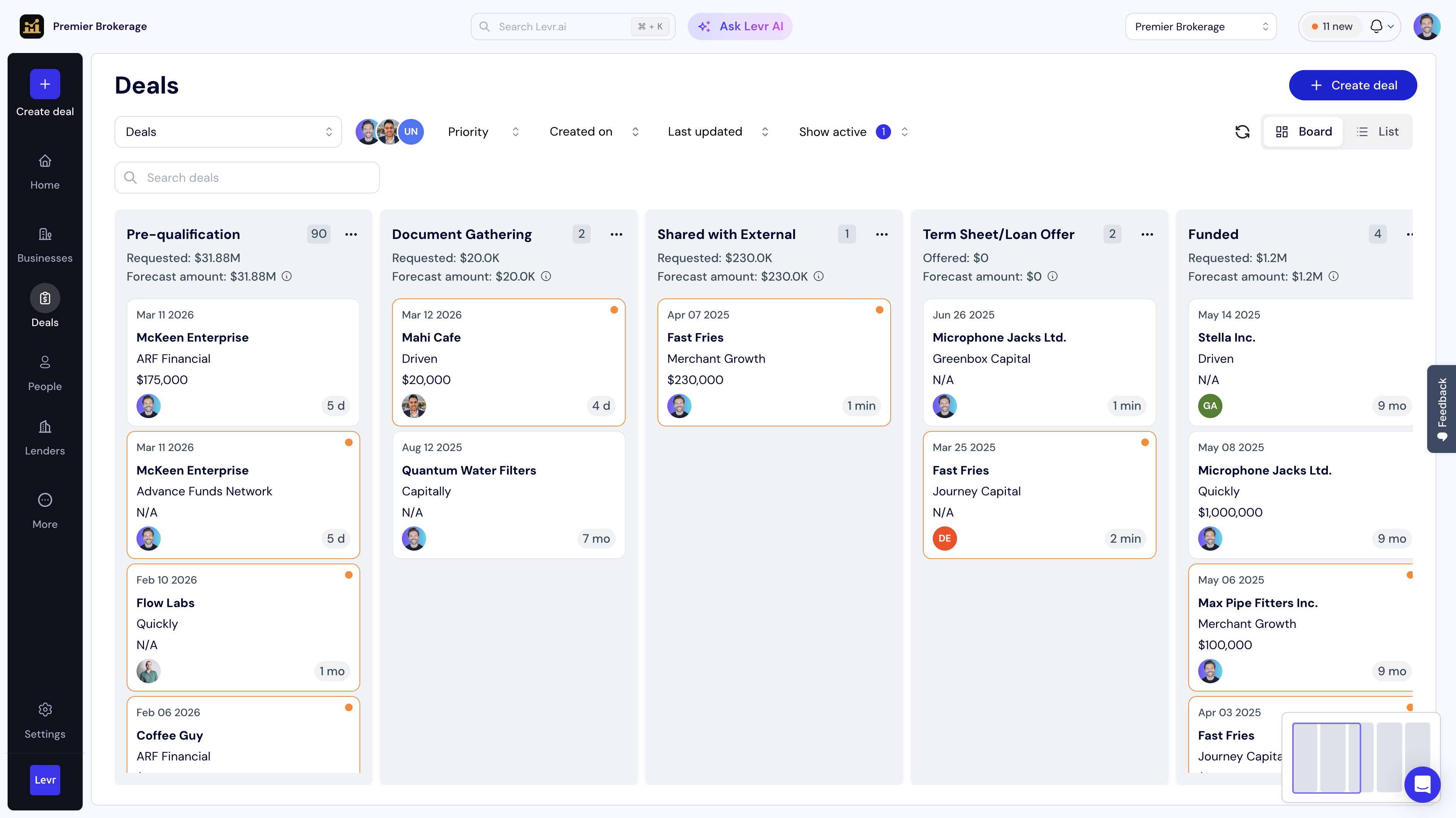 Levr deal pipeline shown in the published product tour