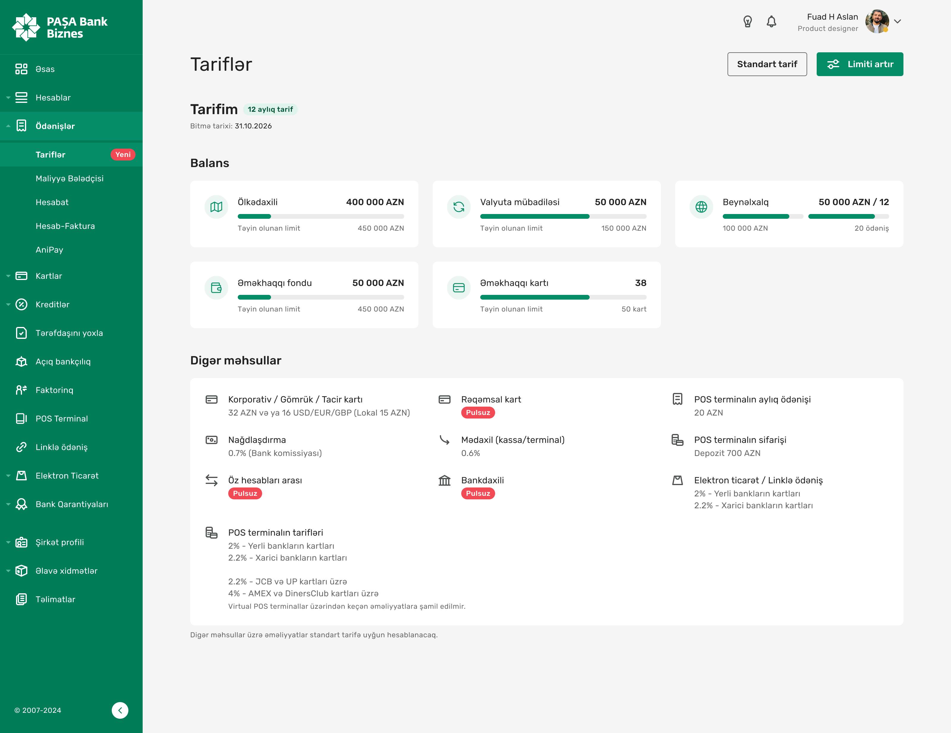 Limiti artırmaq üçün "Tariflər" səhifəsində "Limiti artır" düyməsini klikləyin