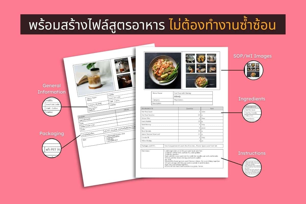 ฟีเจอร์พิเศษ : ***สร้างไฟล์สูตรอาหารและSOP*** จากเทมเพลตได้ทันที
(เพิ่มภาพภายในแอป)