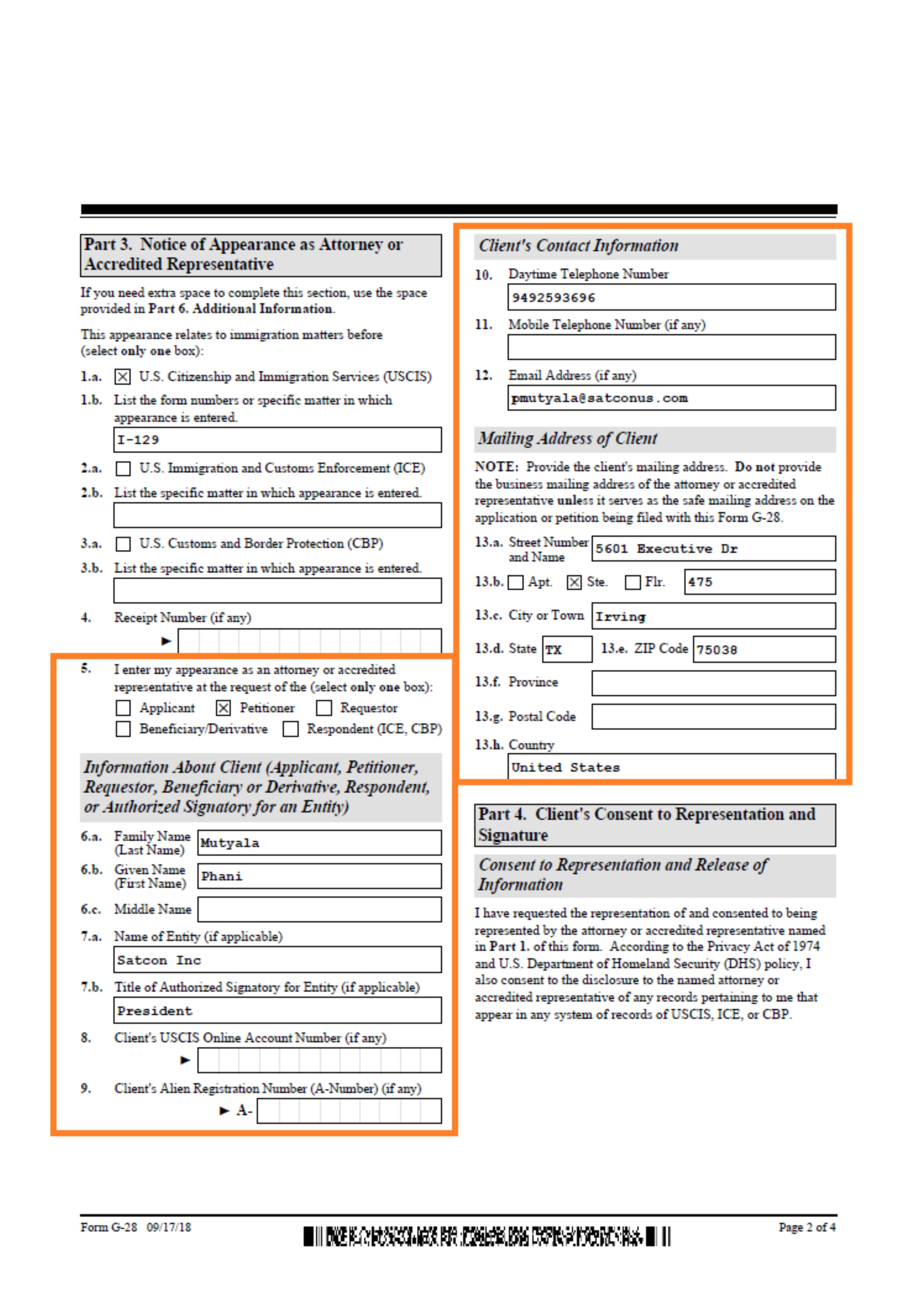 This page provides signatory details and the Petitioner's US address. 