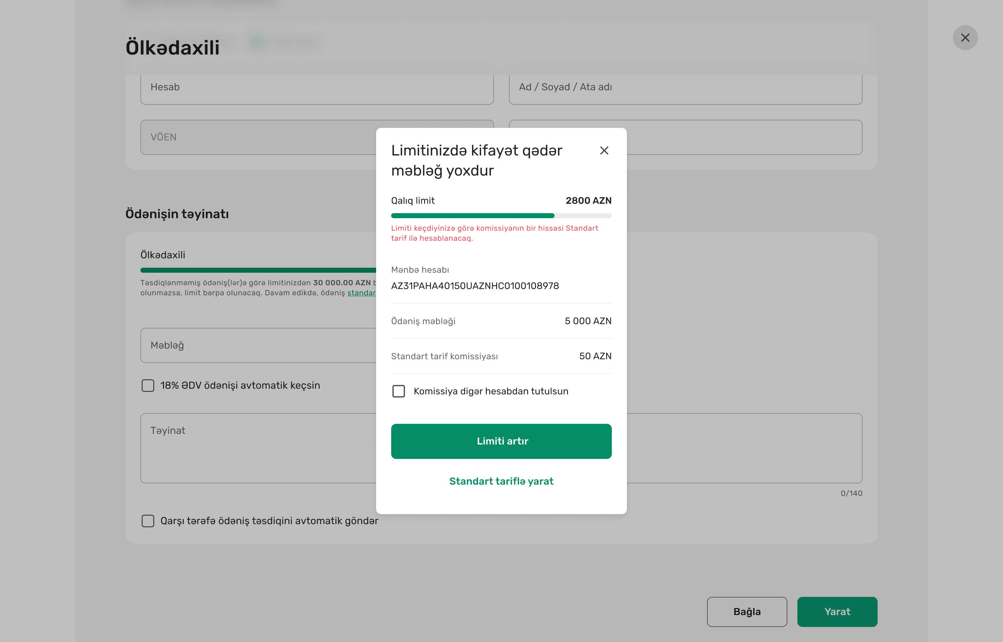 Limitinizdə kifayət qədər qalıq məbləğ olmadıqda sizə bildiriş görünür. Siz limiti artıra və ya standart tariflə davam edə bilərsiniz.