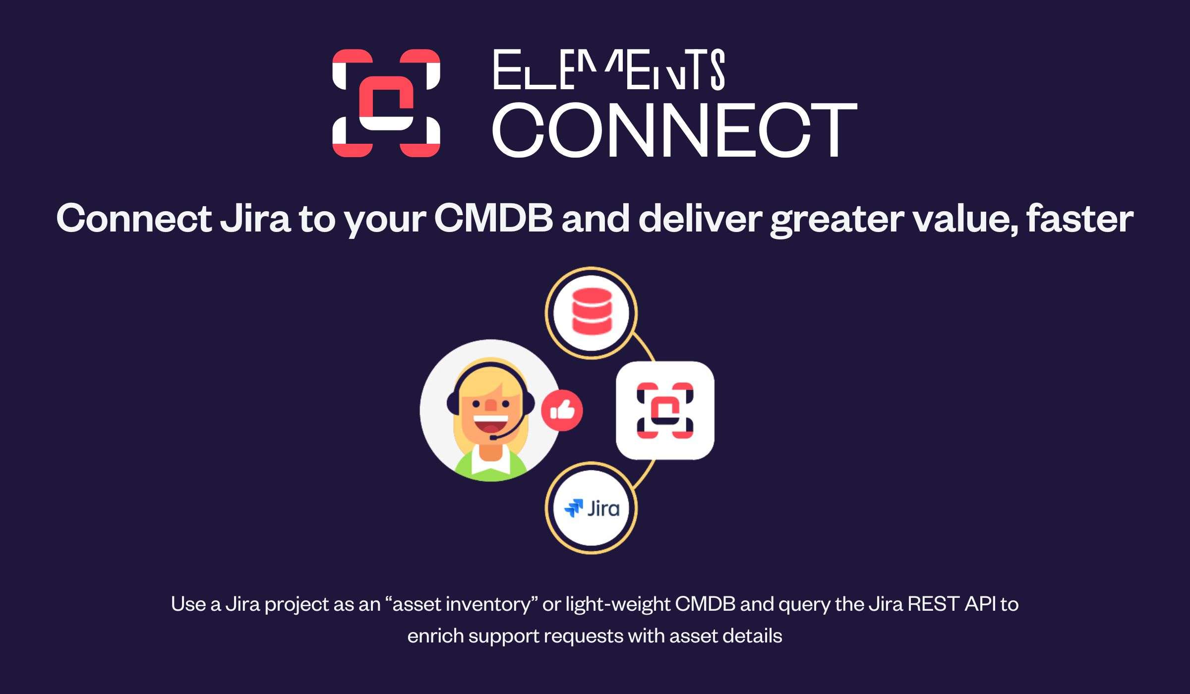 Elements Connect helps you bring your external data inside Jira issues.

You can use it to connect Jira to your CMDB and provide information on your assets directly inside Jira Service Management tickets, saving time for both customers and agents. 