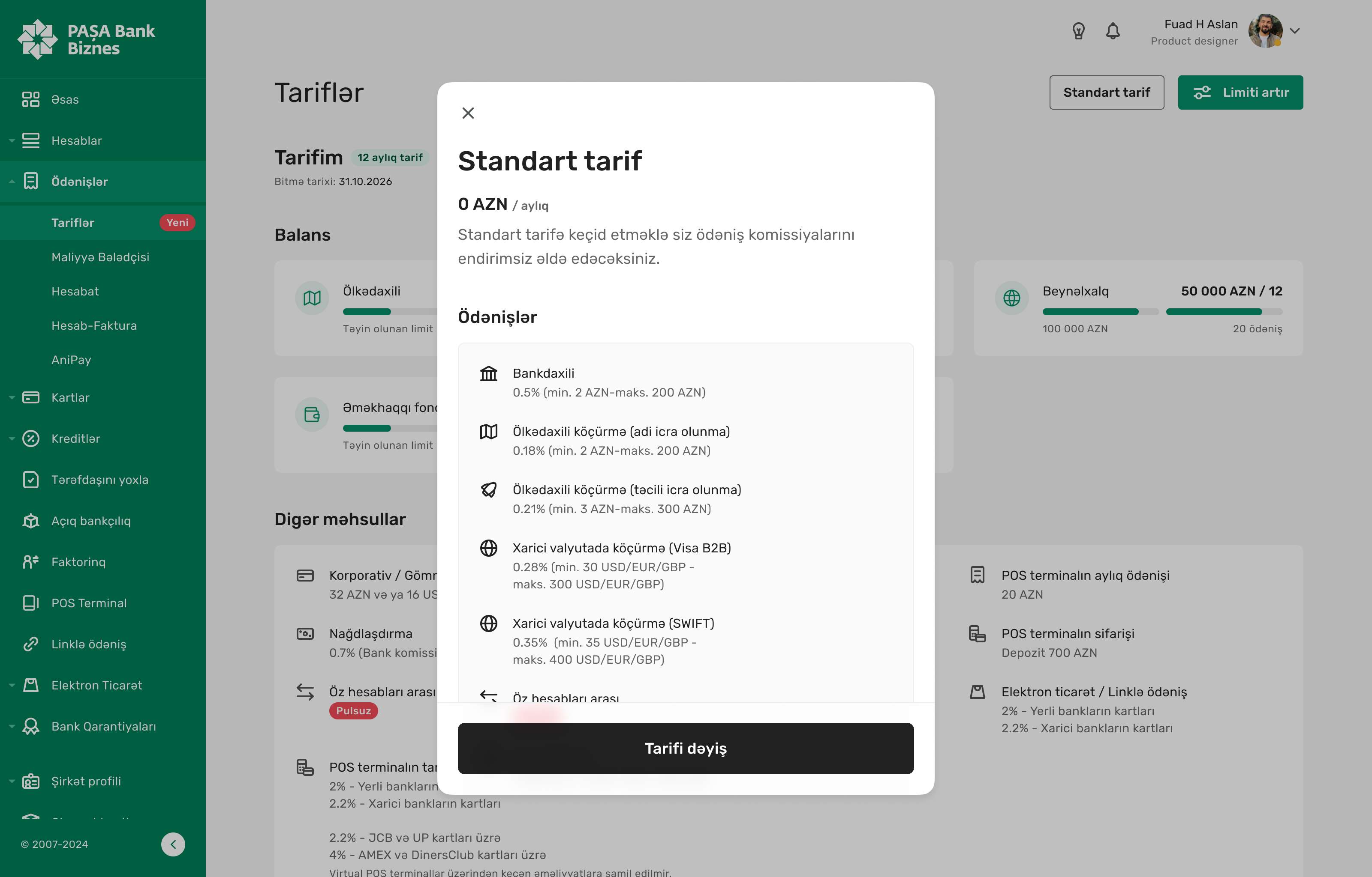 Açılan pəncərədə standart tarifin qiymətləri ilə tanış olun və "Tarifi dəyiş" düyməsini klikləyin