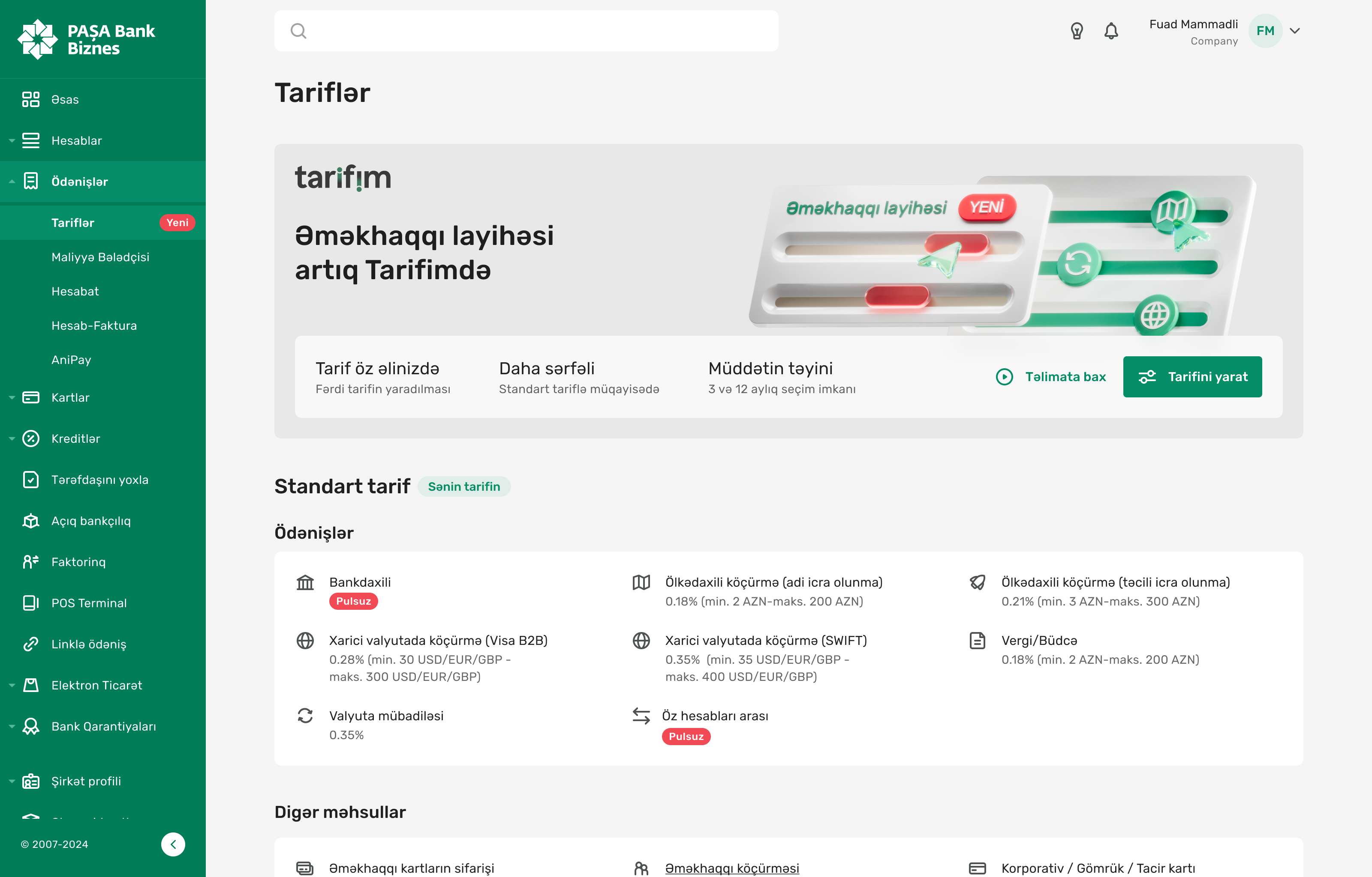 Tarifinizi yaratmaq üçün "Ödənişlər" bölməsindən "Tariflər" səhifəsinə daxil olun