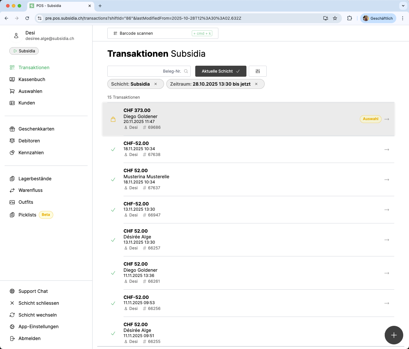 Wählen die Transaktion aus der Liste, um die Details anzuzeigen.