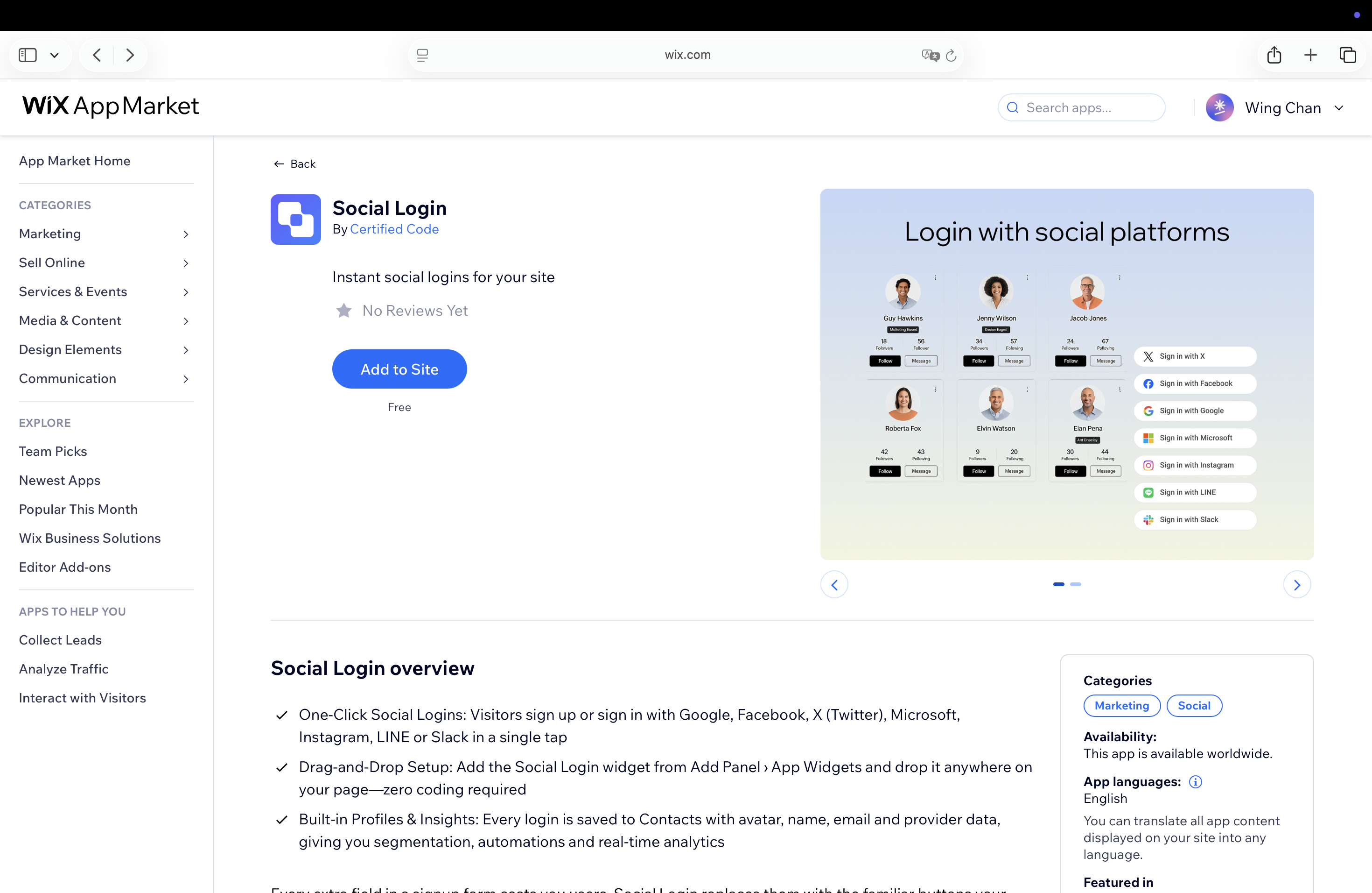 Start by adding the Social Login app to your Wix site.