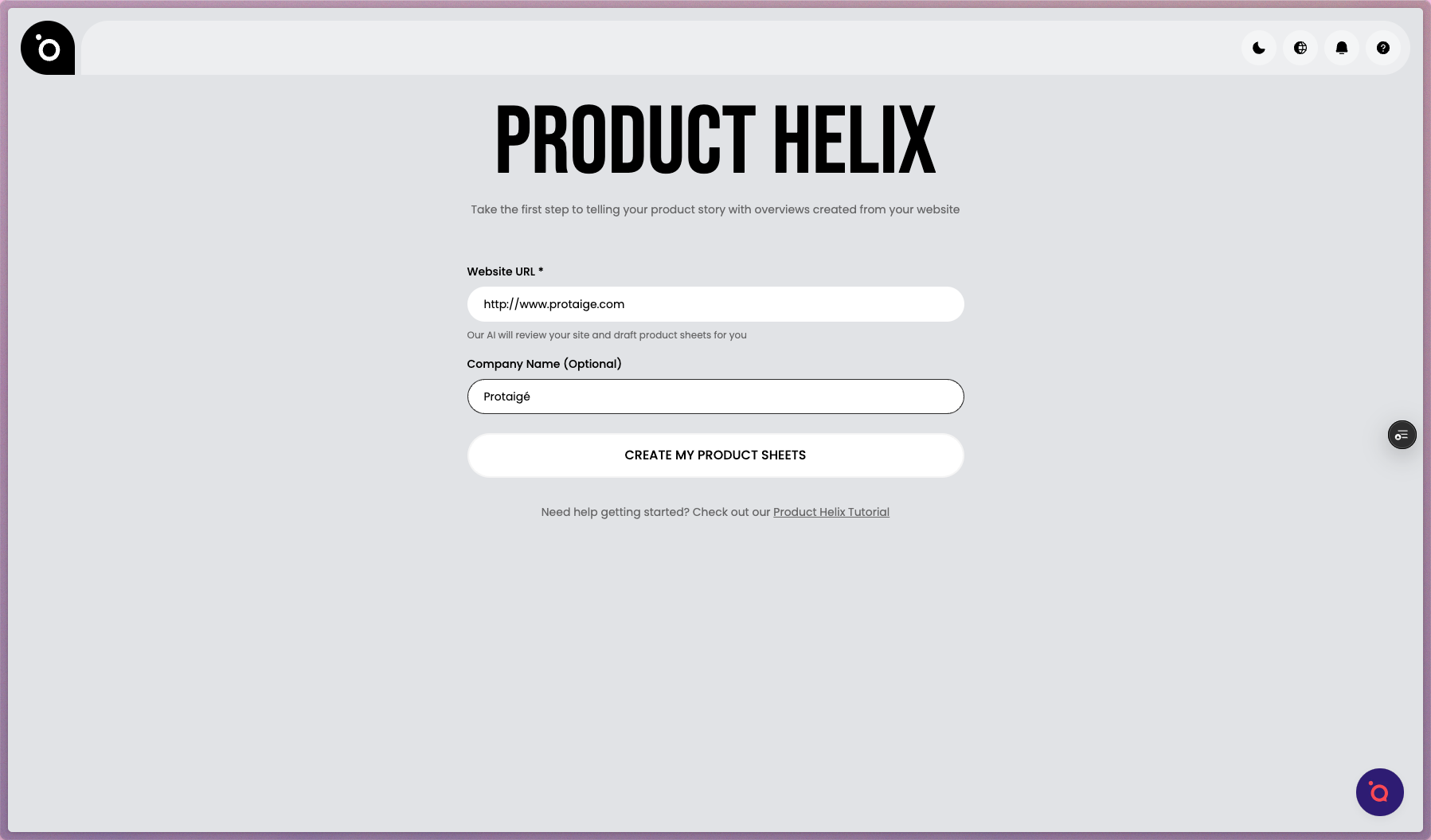 Begin by entering your website URL and company name, then click CREATE to initiate AI analysis.