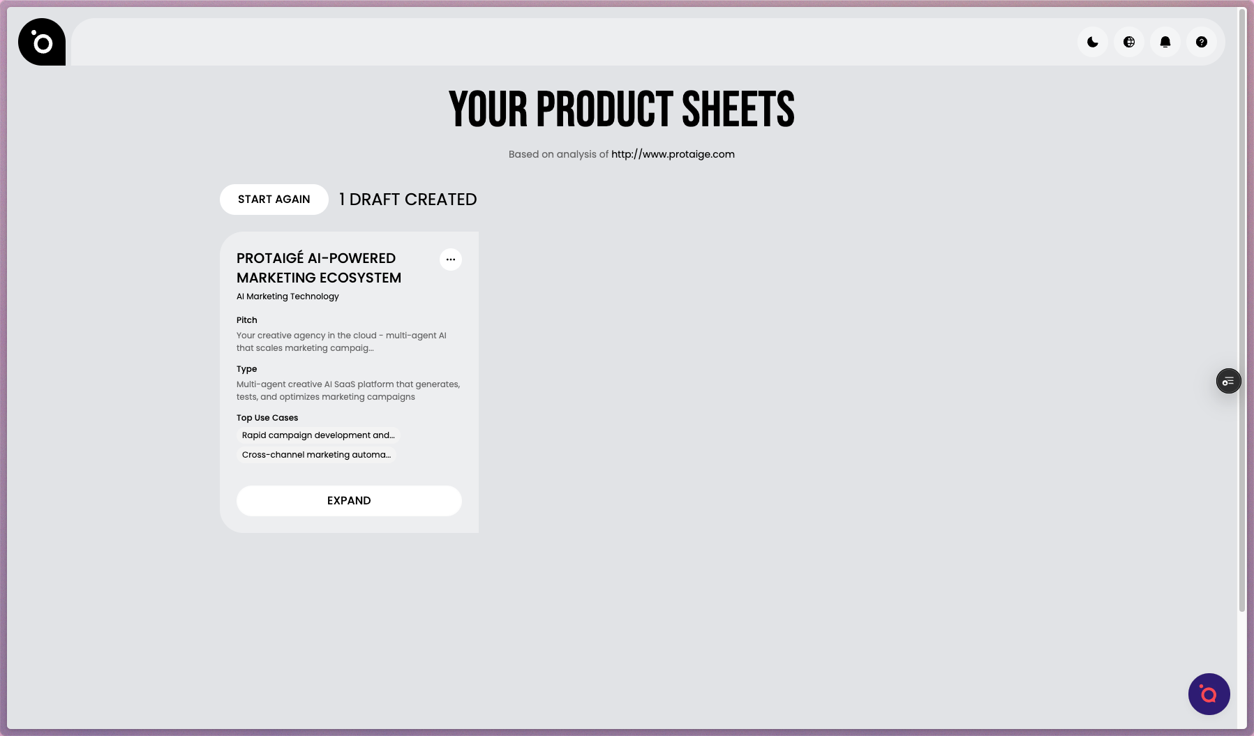 After a few minutes, your product sheets will appear in this view. Expand the generated to view its details.