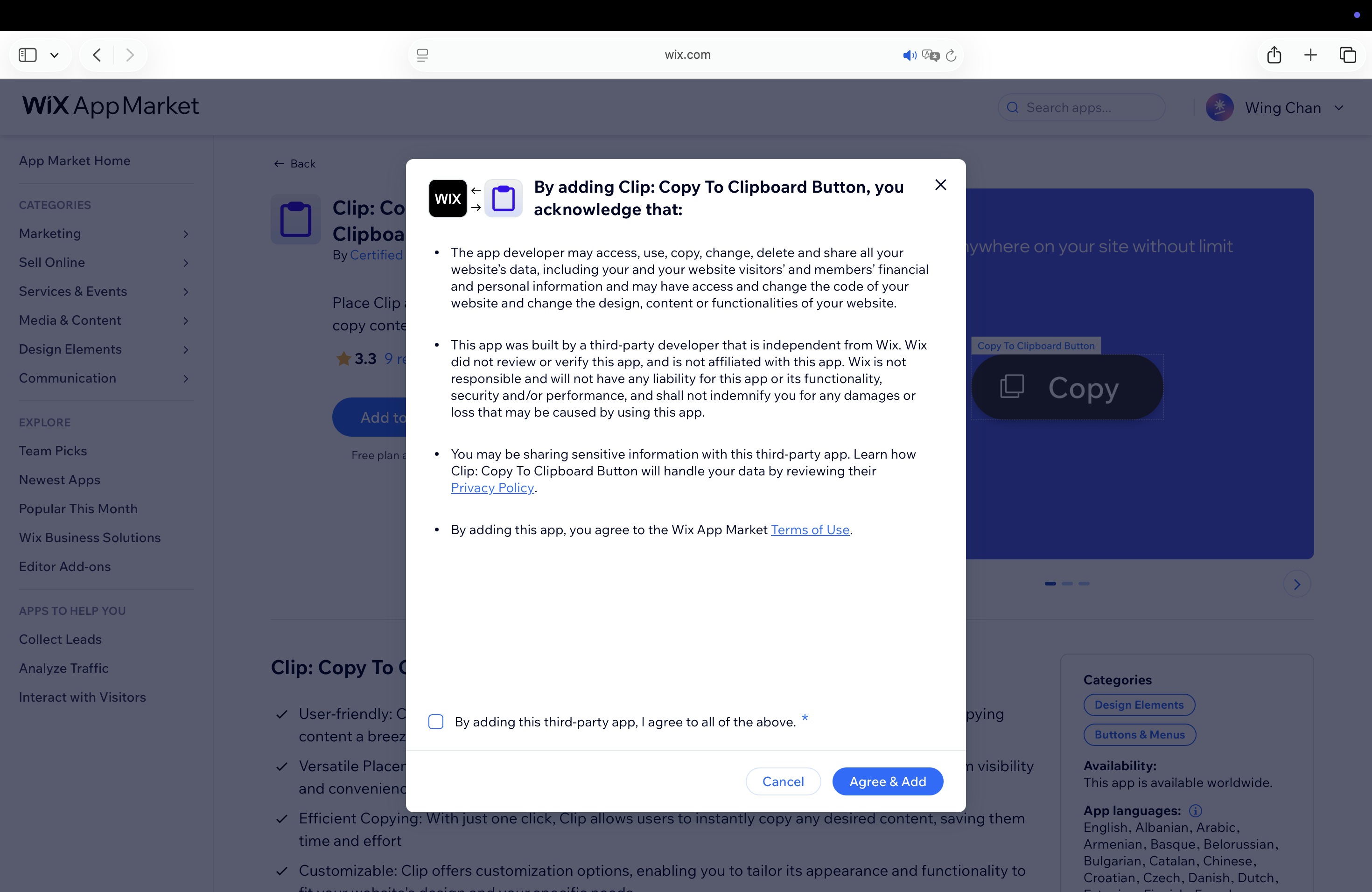 Agree to the terms and conditions before installing the Copy to Clipboard Button app.