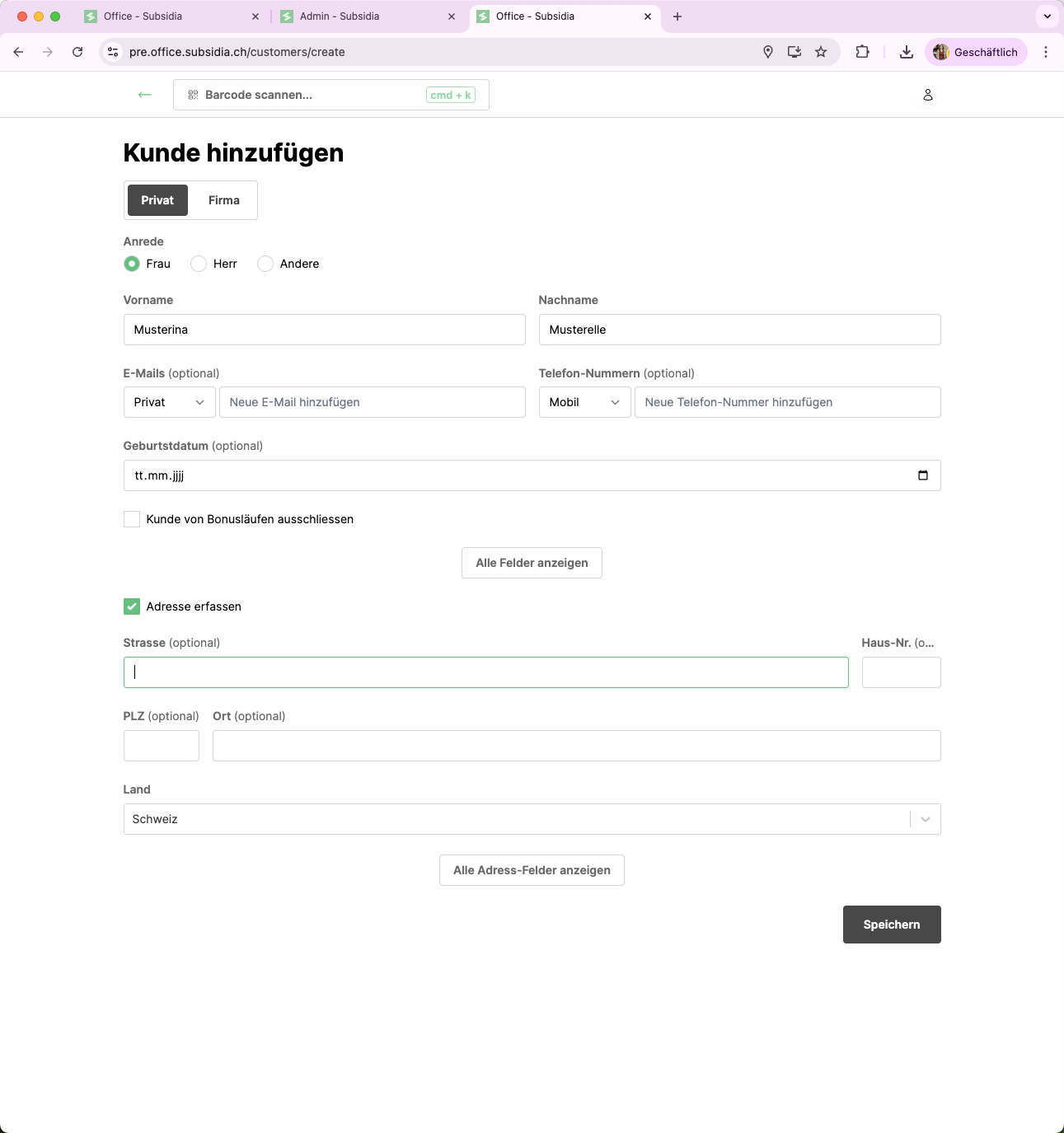 Eröffnet einen neuen Kunden und gebt dessen Adresse ein. 