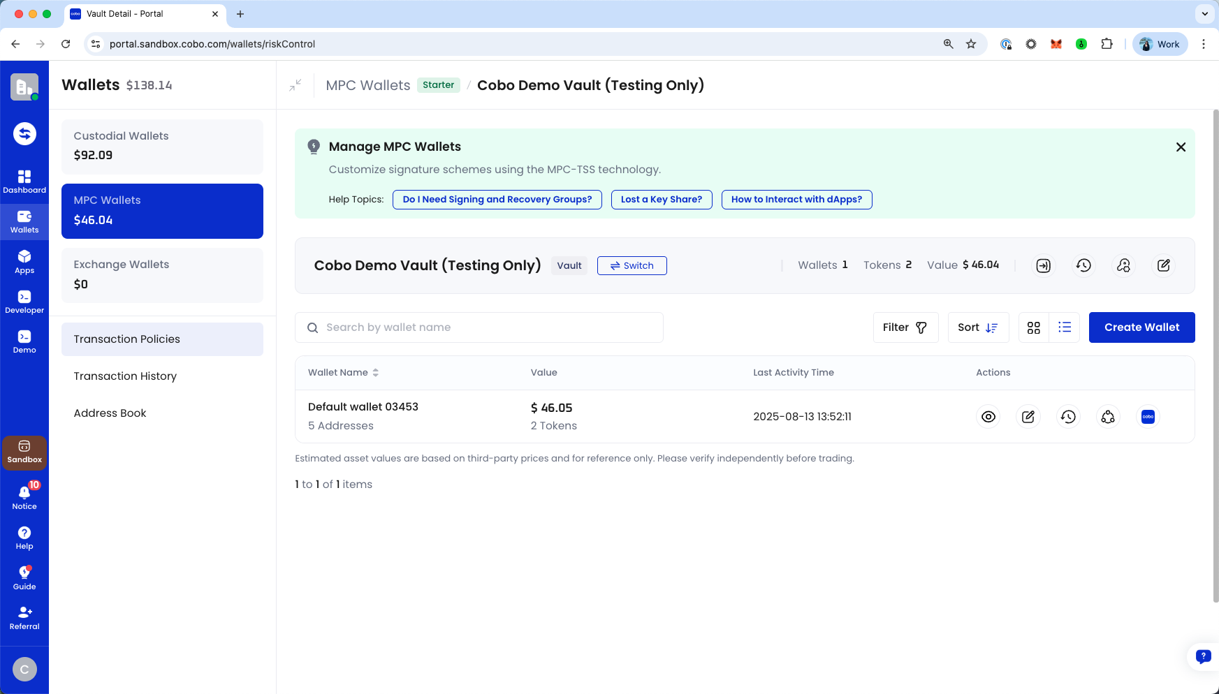 Before staking, go to "Wallets" > "Transaction Policies"