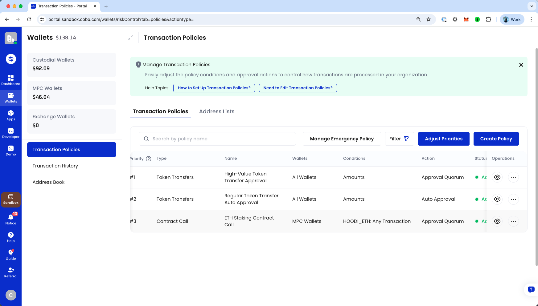 Ensure the Contract Call policy is active to authorize ETH staking operations.
