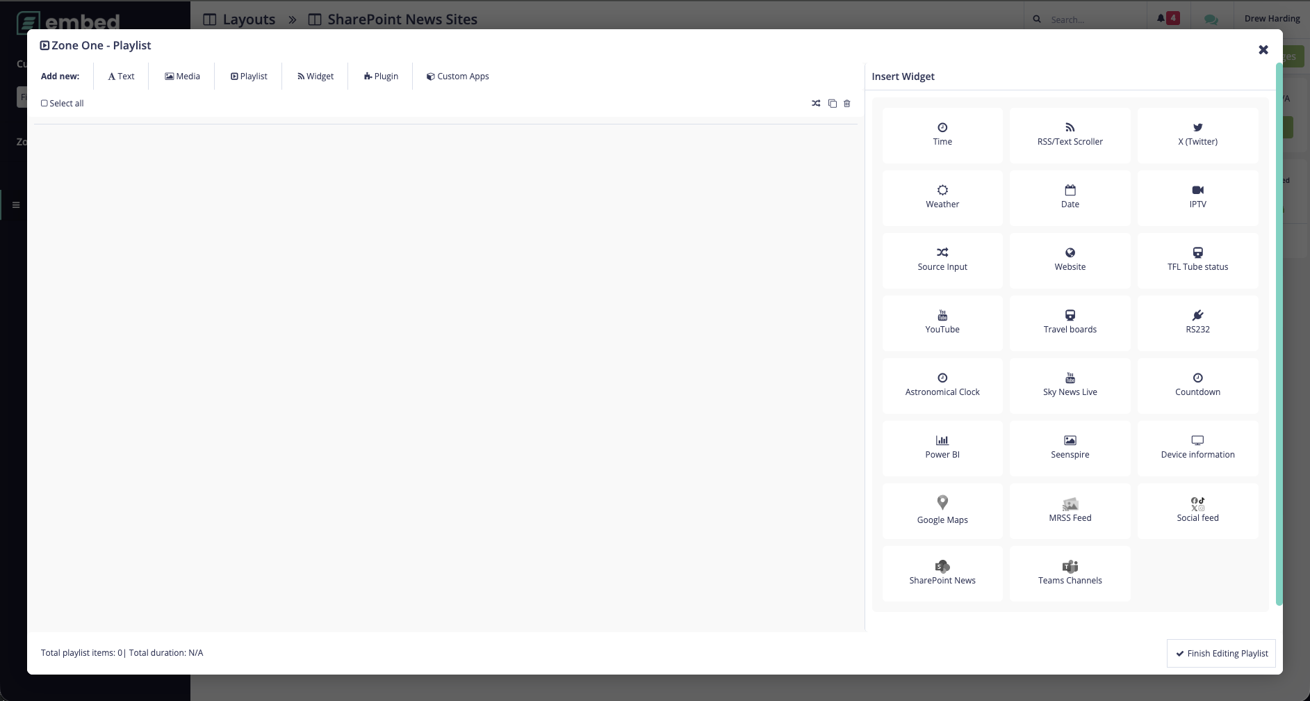 Select SharePoint News to seamlessly bring corporate news feeds into your playlist.
