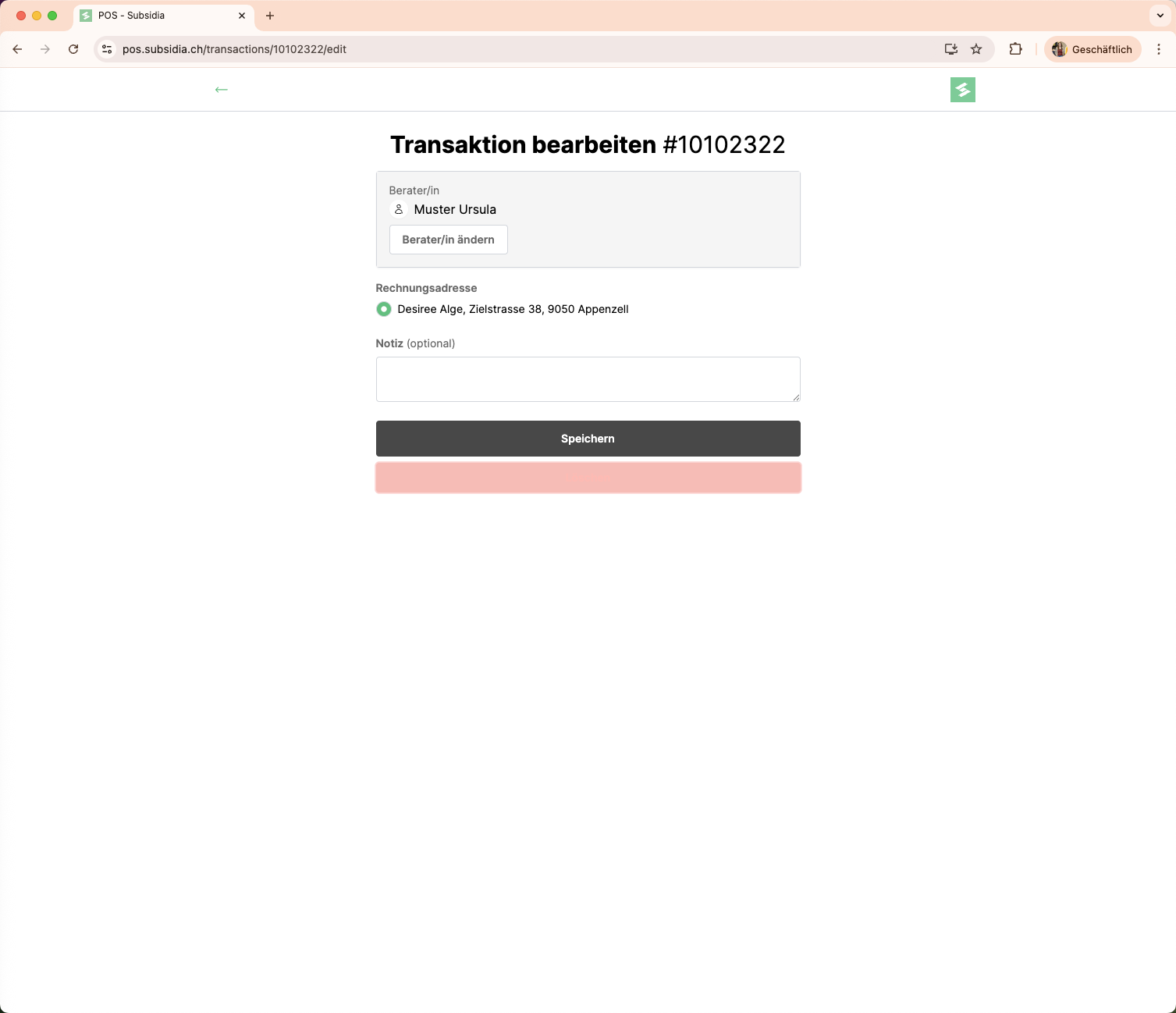 Klicke auf *Löschen* um den laufenden Beleg zu stornieren.