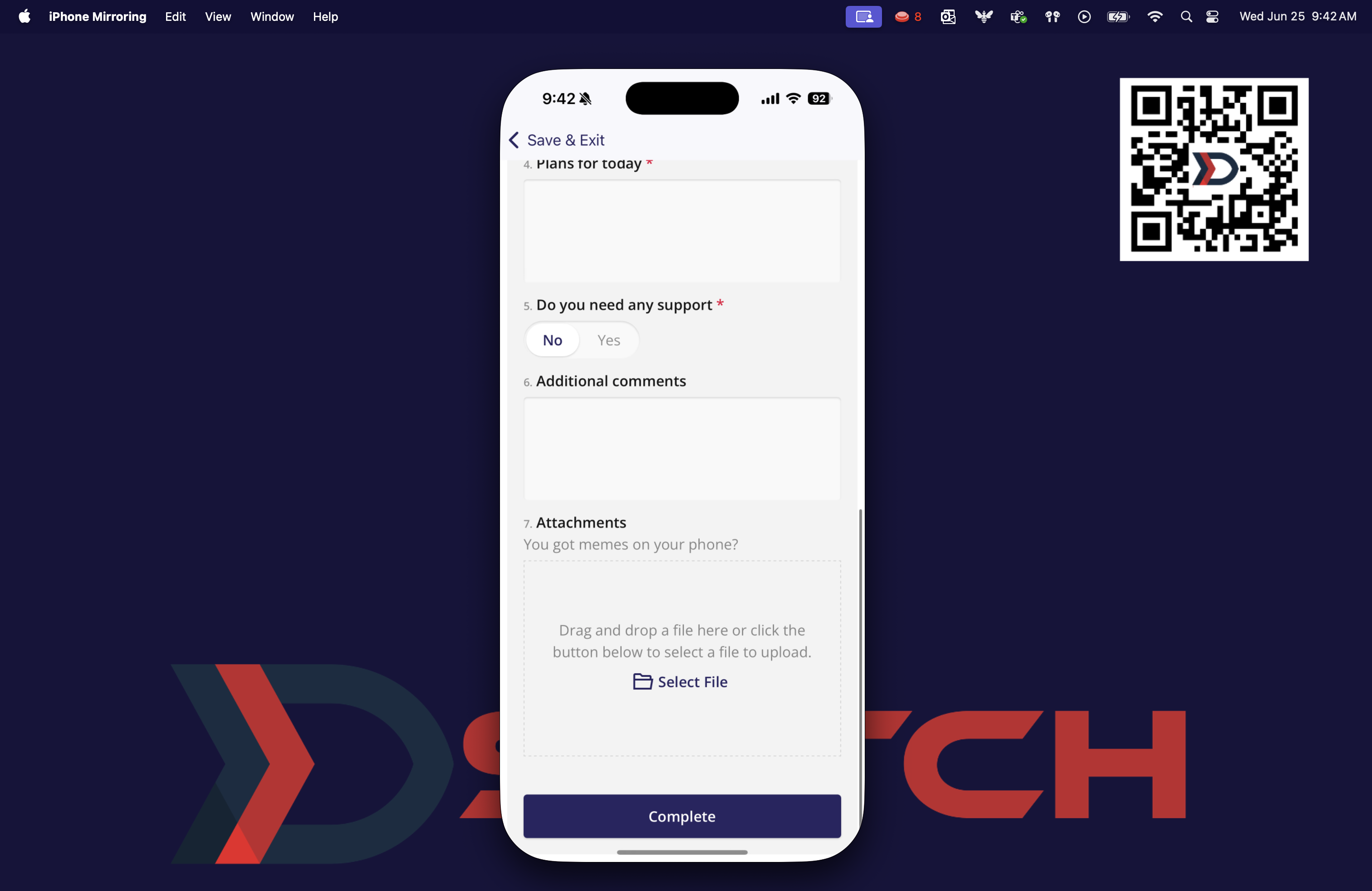 After completing all required fields and relevant optional fields, tap "**Complete**" to submit
