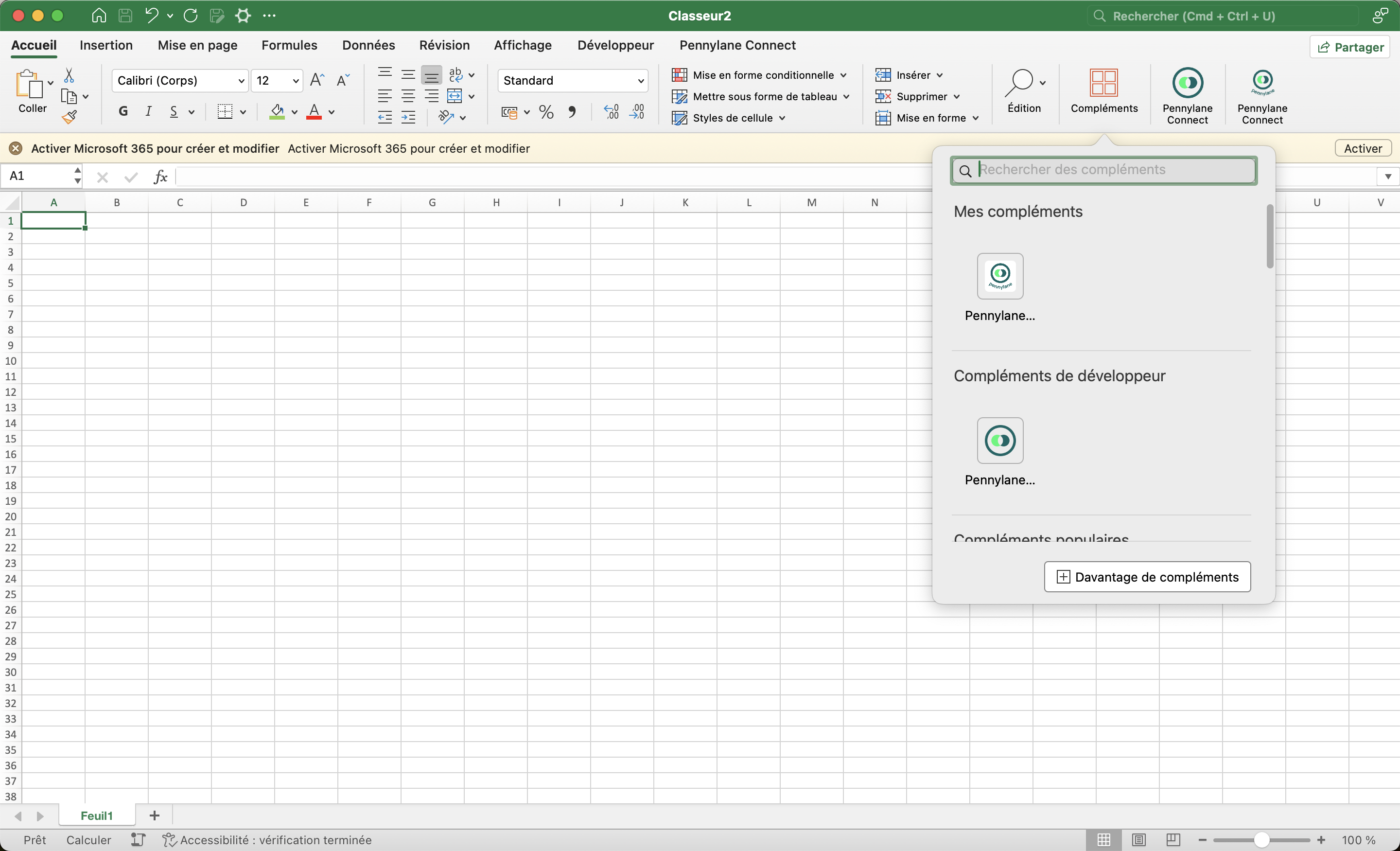 Ouvrez une page Excel et cliquez sur "Compléments" puis "Davantage de compléments".