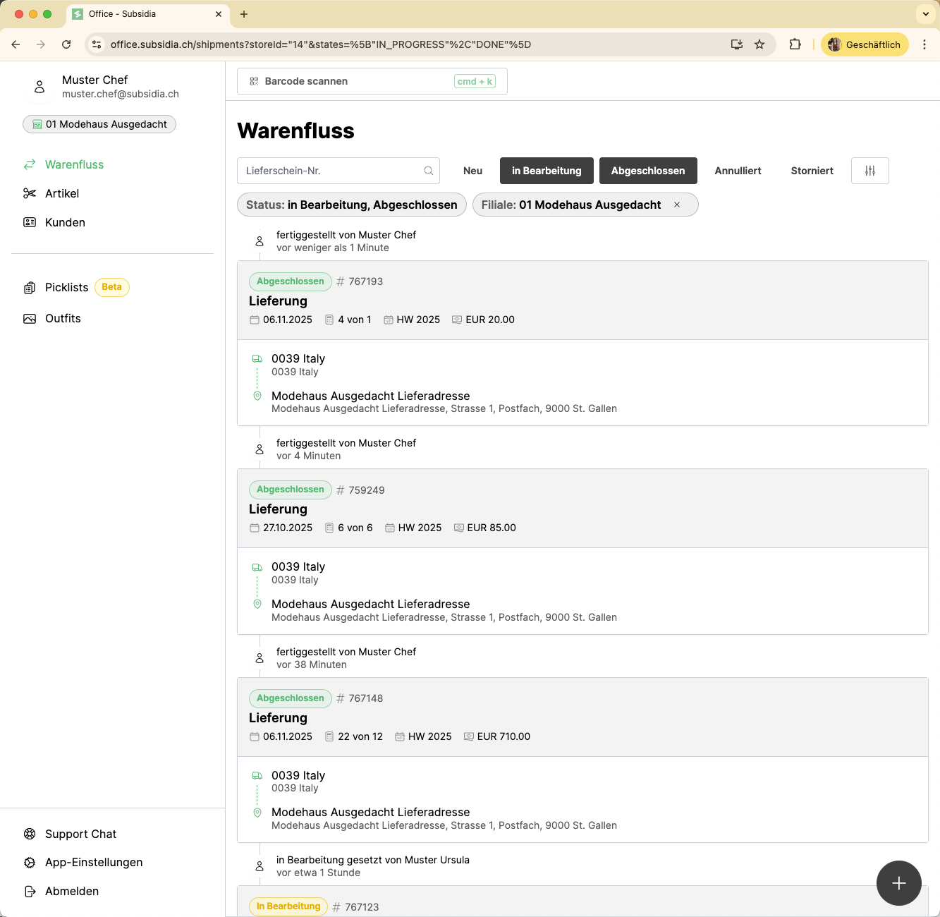 Klicken Sie auf "+", um eine neue Warenbewegung zu erfassen.
