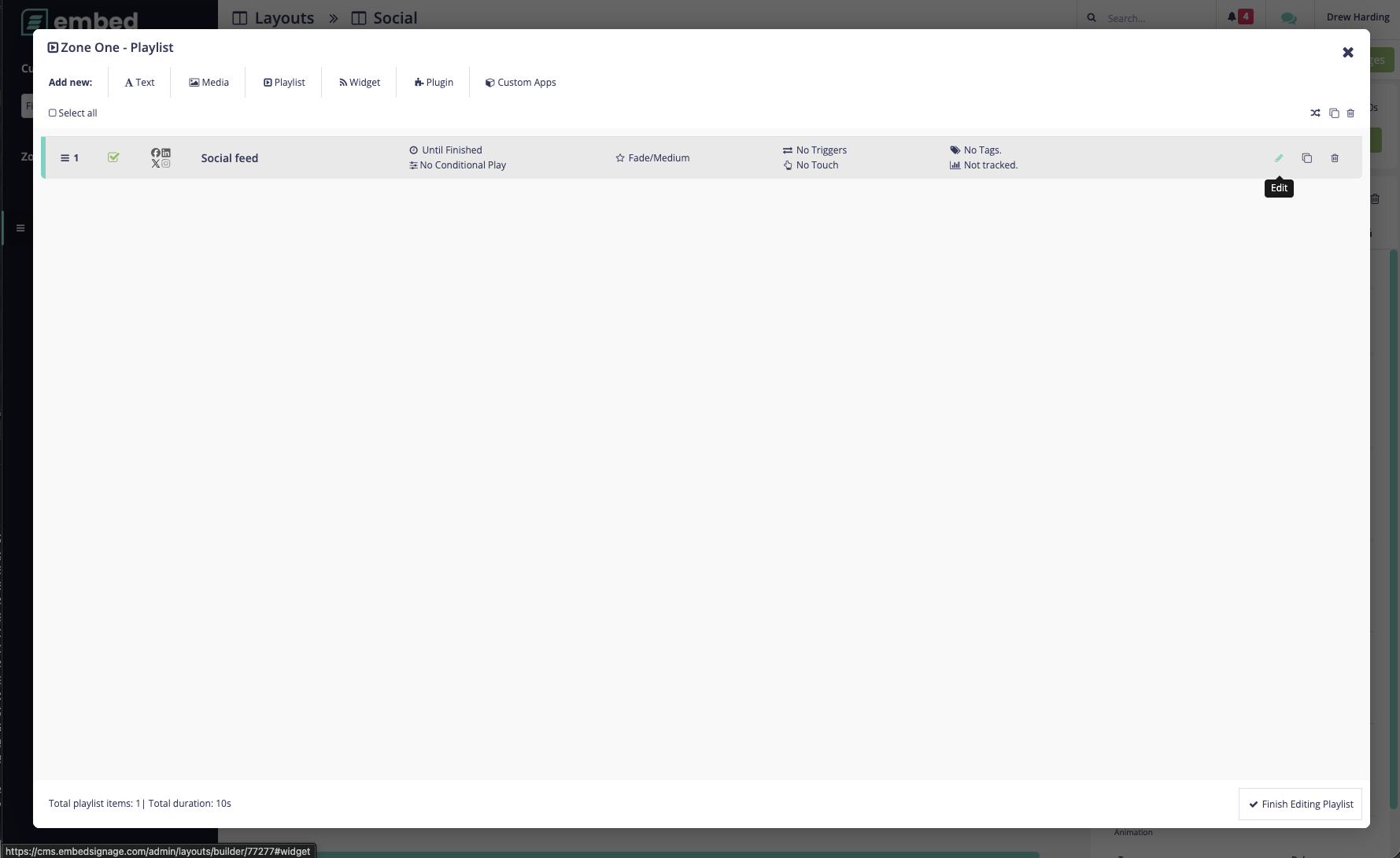 Click the Edit icon next to tailor content and settings for your playlist item.