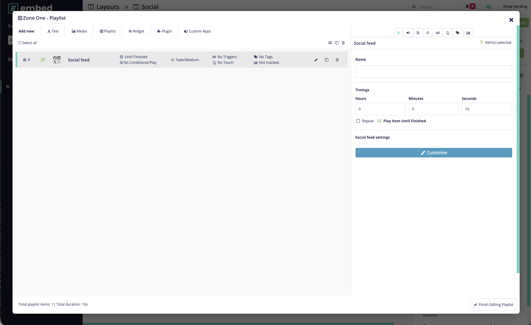 Tap Customise to configure the social feed source and design.