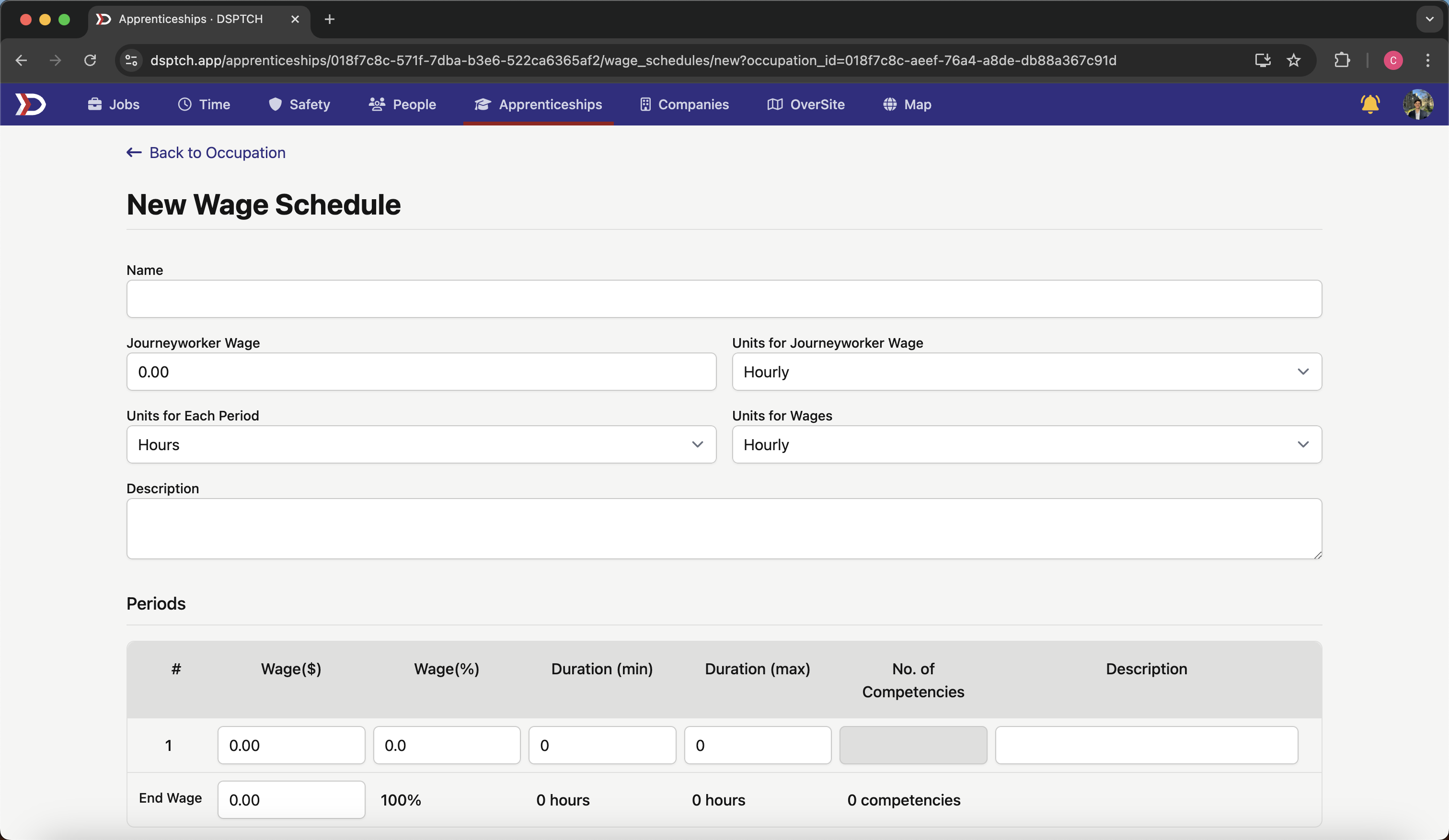 Enter the name, journeyworker wage, and units for wage (hourly, weekly, quarterly, etc.)