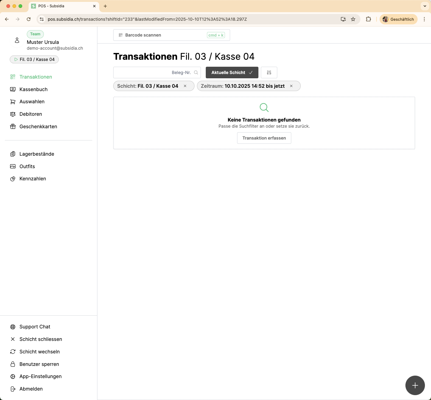 Oben links seht Ihr immer, wie und wo Ihr angemeldet seid - zum Beispiel Mit Team Account in Filiale 3, Kasse 4. 