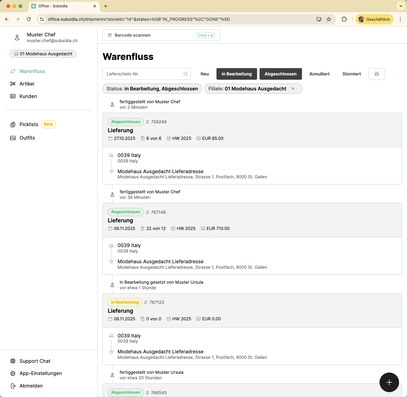 Klicke auf das Plus, um eine neue Warenbewegung zu starten. 