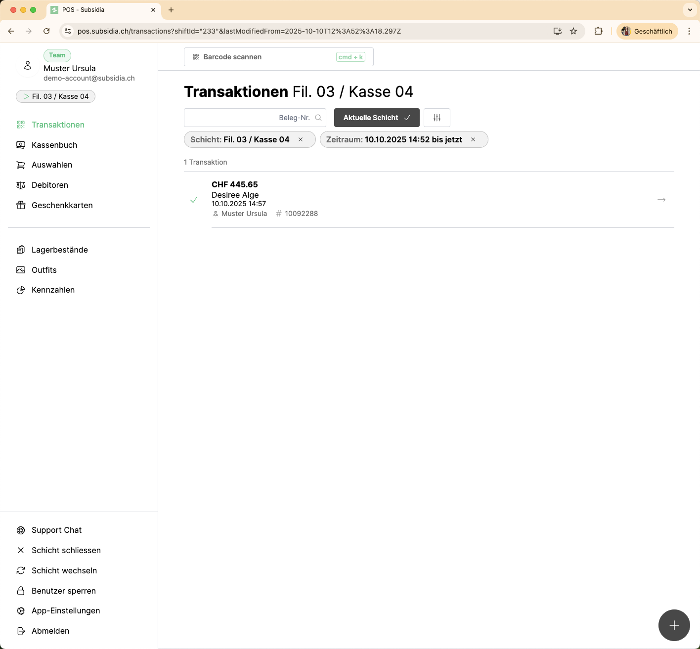 Beginnt mit einem Klick auf das *Plus*, um eine neue Transaktion zu starten.
