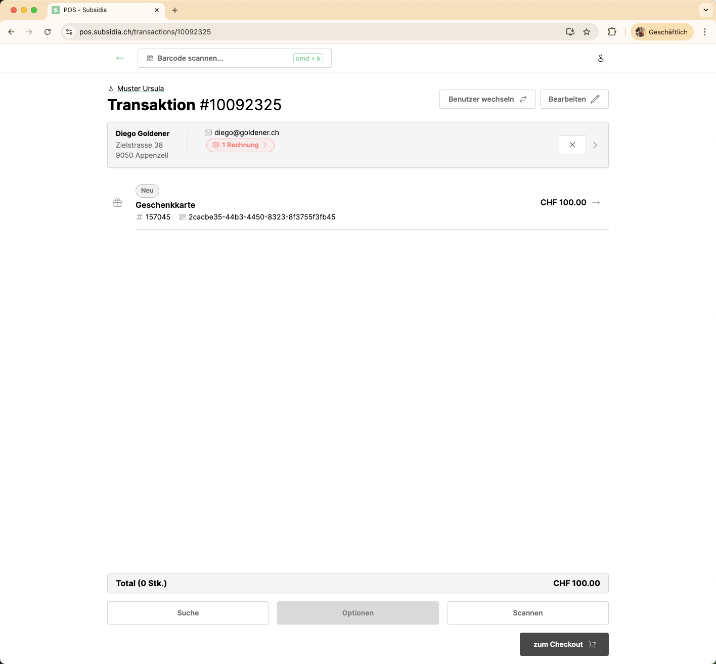 Öffnet erneut die "Optionen", um Aktionen mit weiteren Geschenkkarten zu beginnen.