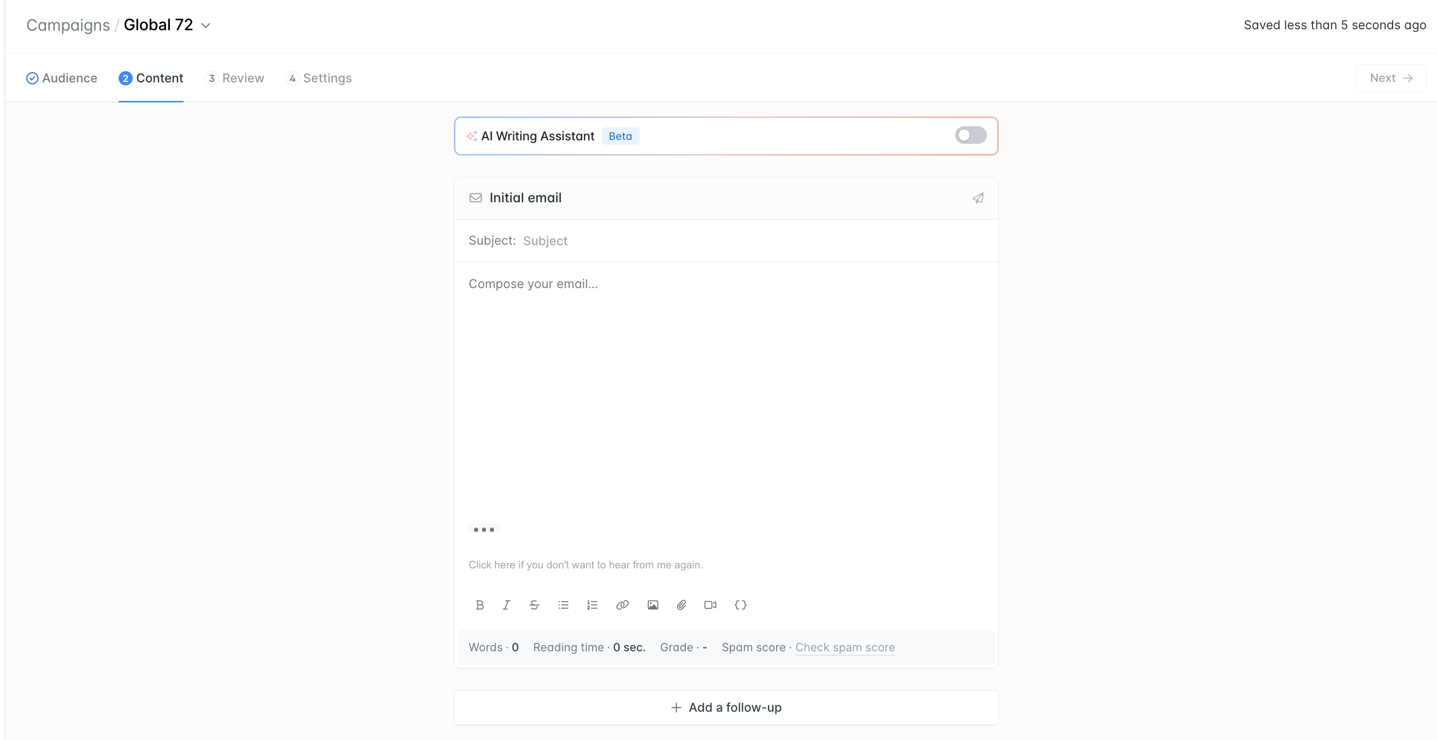 Once you've added your audience, toggle the switch to activate the AI Writing Assistant.