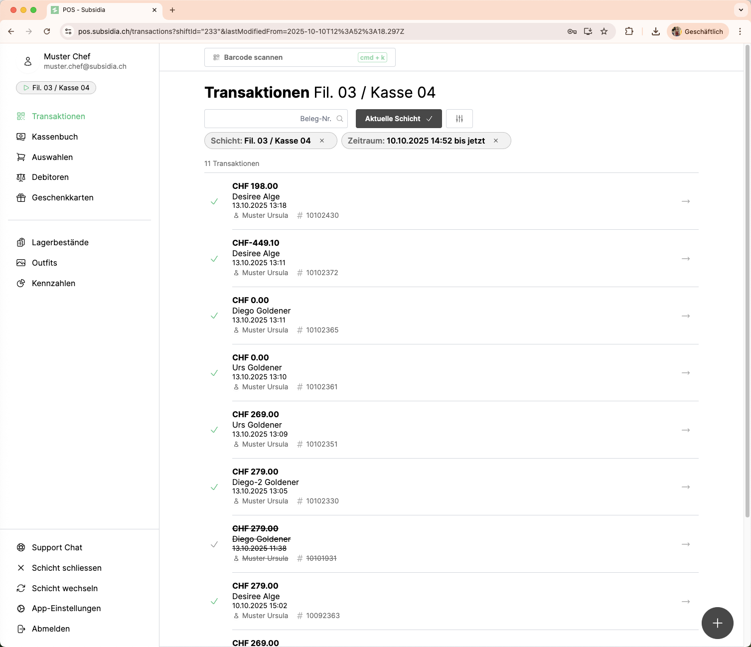 Öffne das Kassenbuch, um alle Bartransaktionen dieser Kasse in der laufenden Schicht einzusehen.