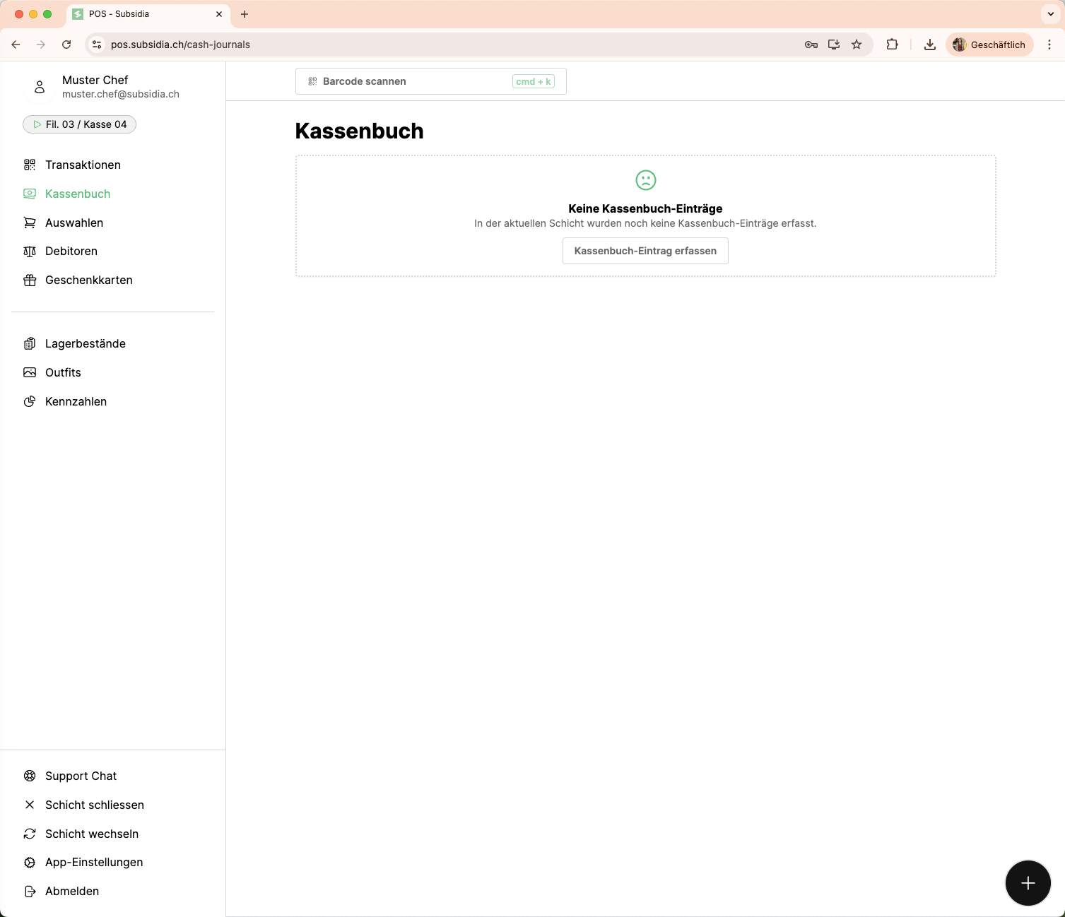 Klicke auf das *Plus*, um einen neuen Kassenbucheintrag zu erstellen.