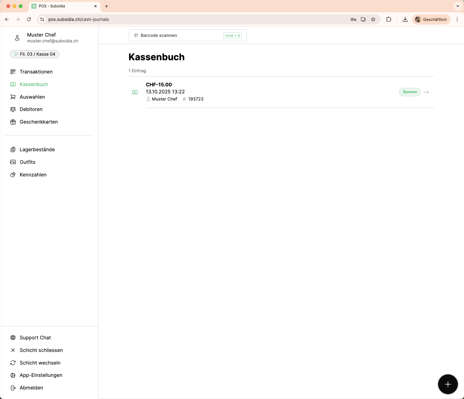 Mit dem *Plus* unten rechts kann ein neuer Eintrag im Kassenbuch erfasst werden.