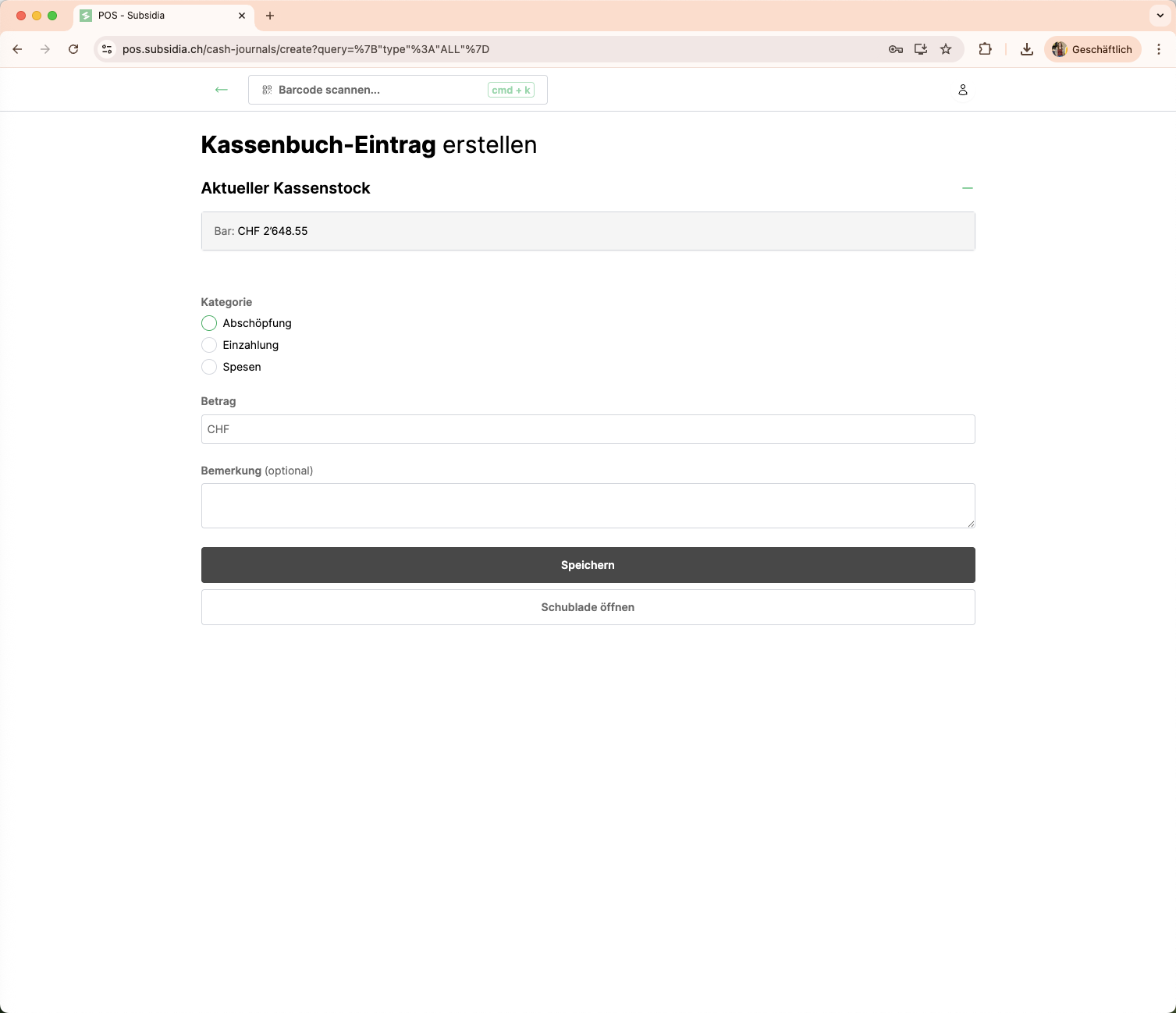 Wähle die Kategorie *Abschöpfung*, wenn eine Barkassenentnahme erfasst werden soll.