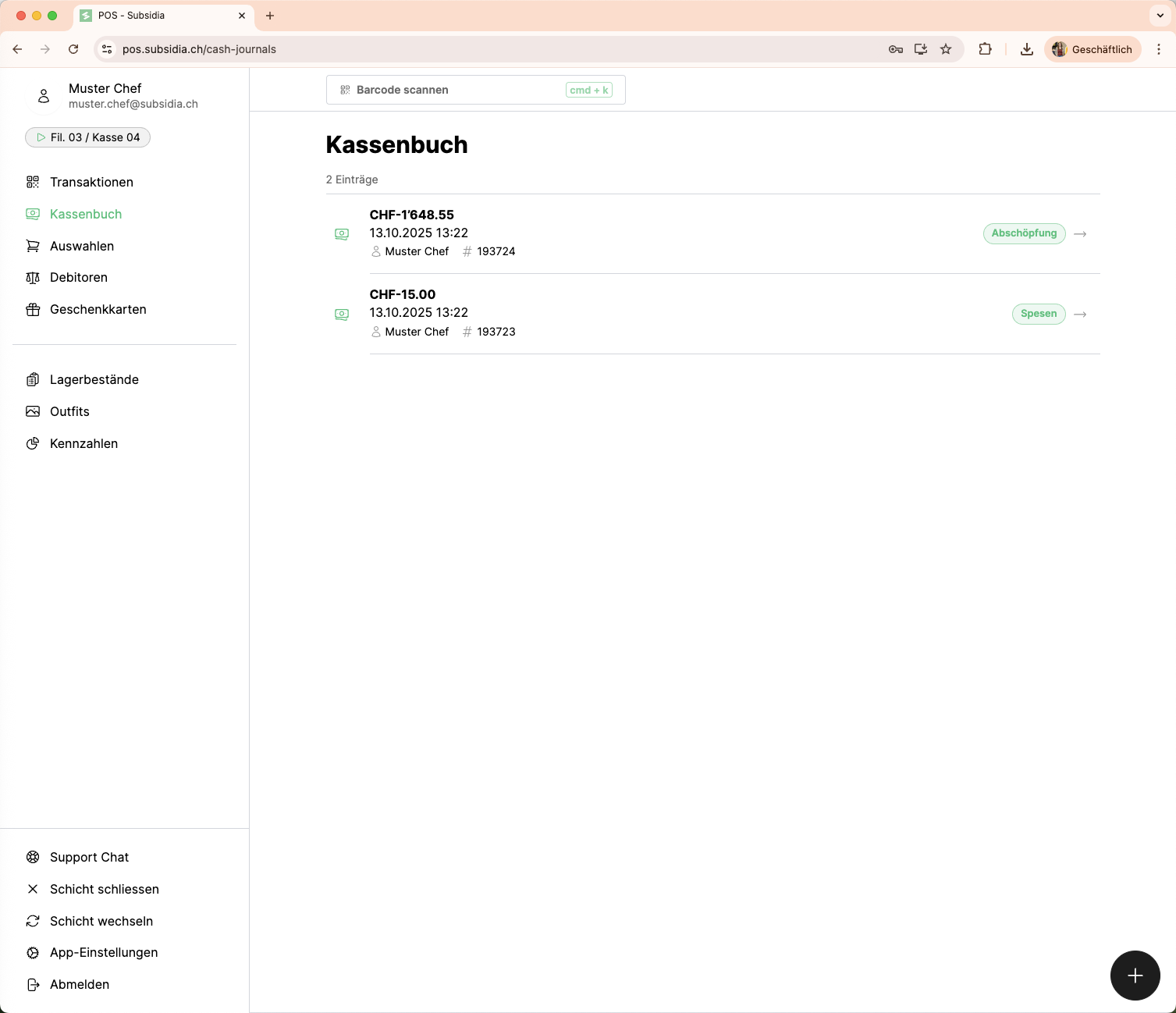 Klicke auch auf das *Plus*, um dem Kassenbuch einen weiteren Eintrag hinzuzufügen.