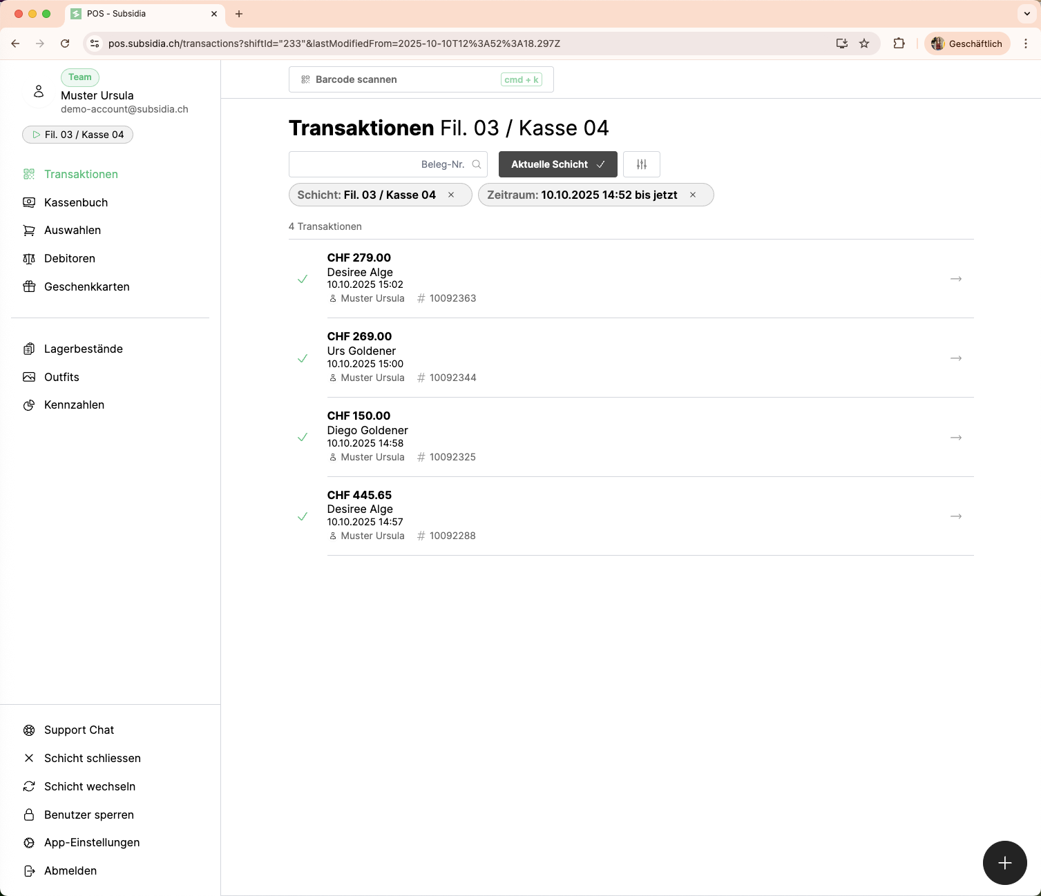 Starte durch Klick auf das *Plus* eine neue Transaktion an der Kasse.
