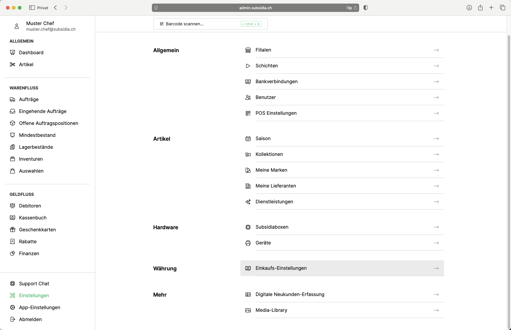 Wähle die Einkaufs-Einstellungen aus, um die Konfigurationen zu verwalten.