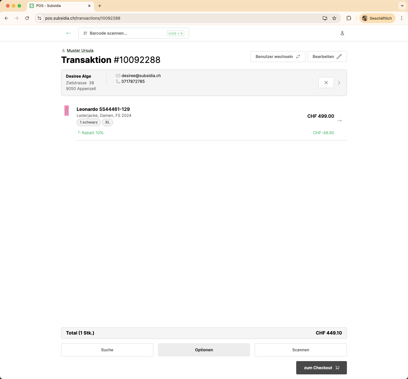 Öffnet weitere Transaktionsoptionen über die Schaltfläche *Optionen*.