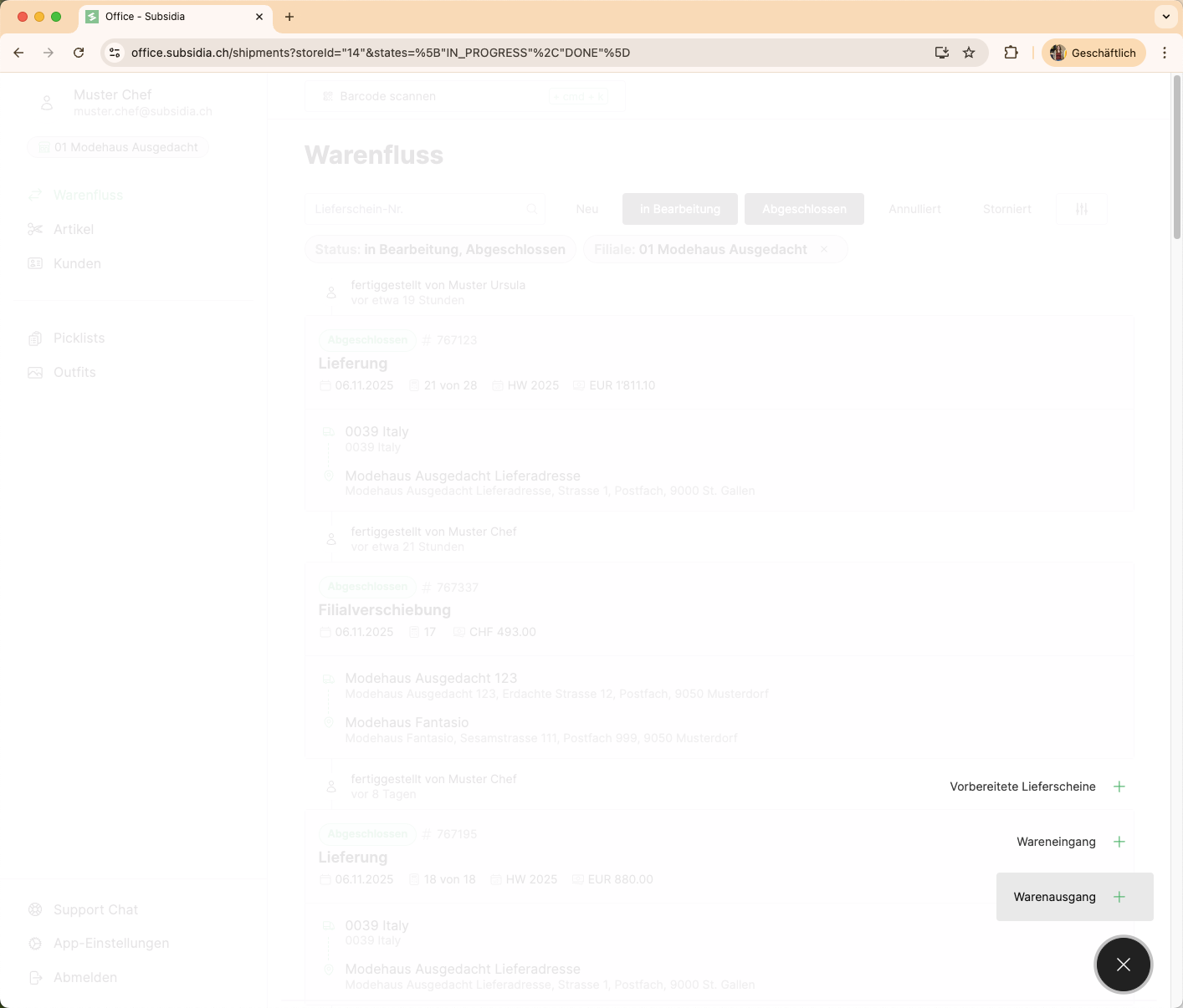 Wähle 'Warenausgang', um einen neuen Warentransfer einzuleiten.