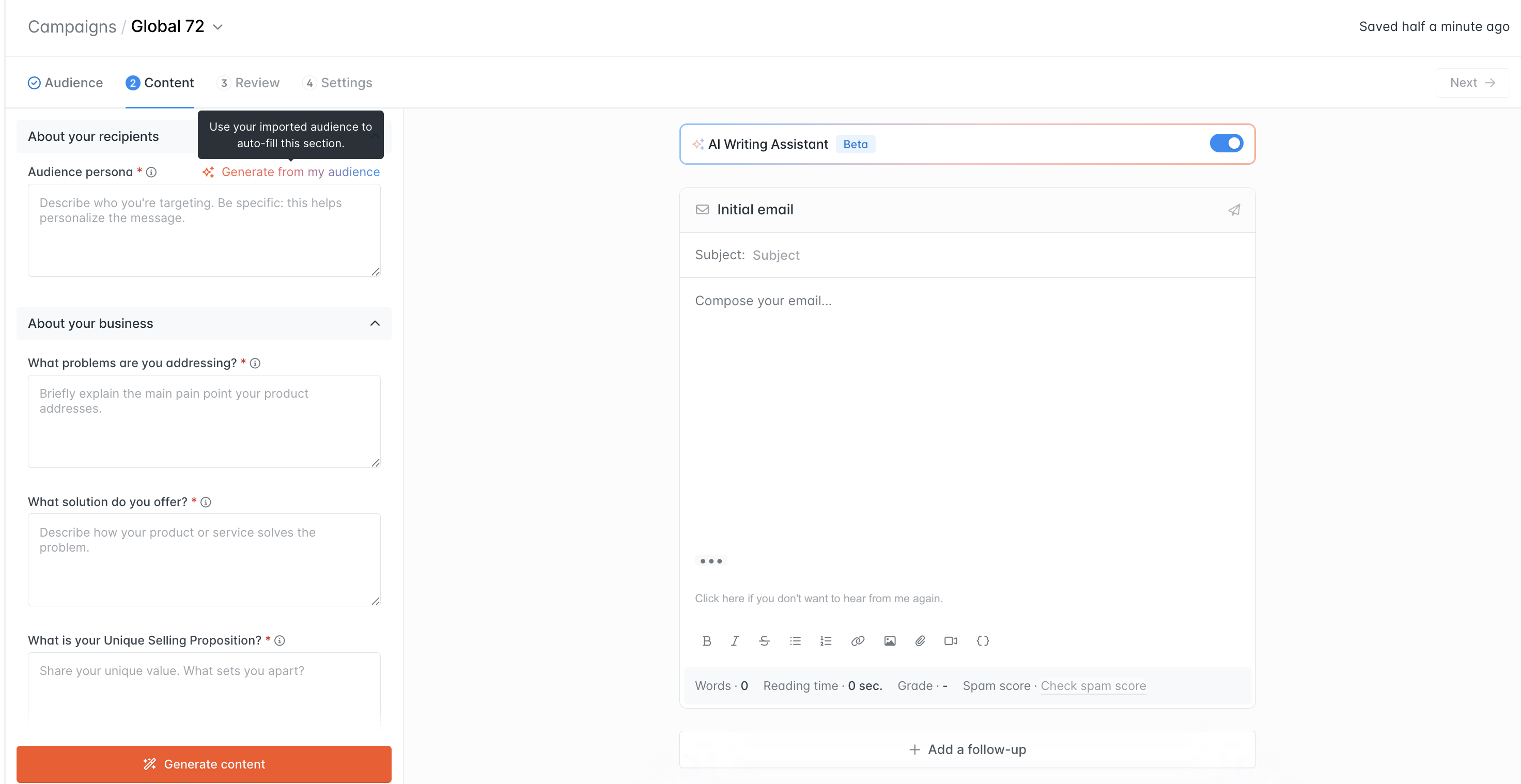 Click here to let the AI Assistant create your audience persona using your existing contacts.