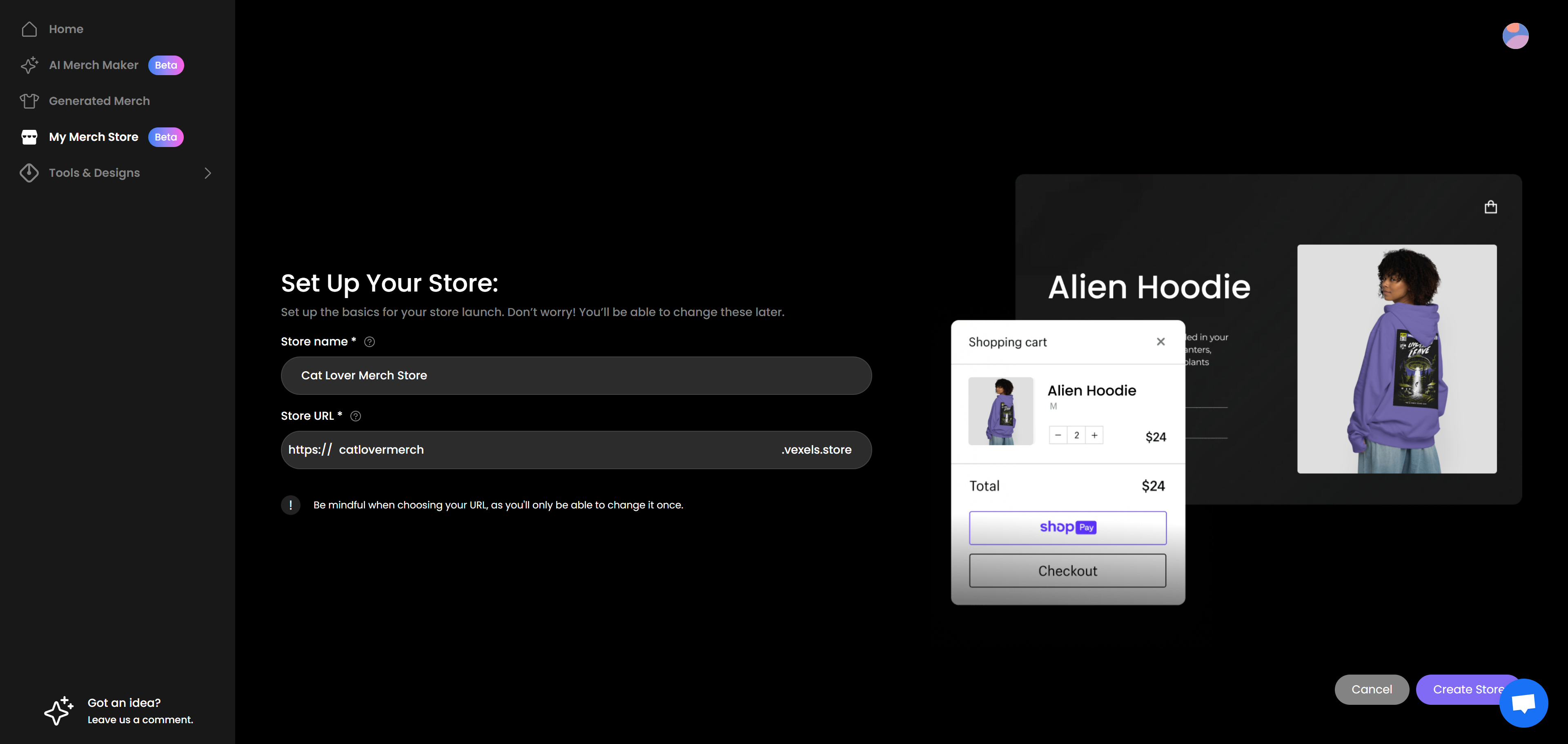 Add a Store Name and choose your Store URL