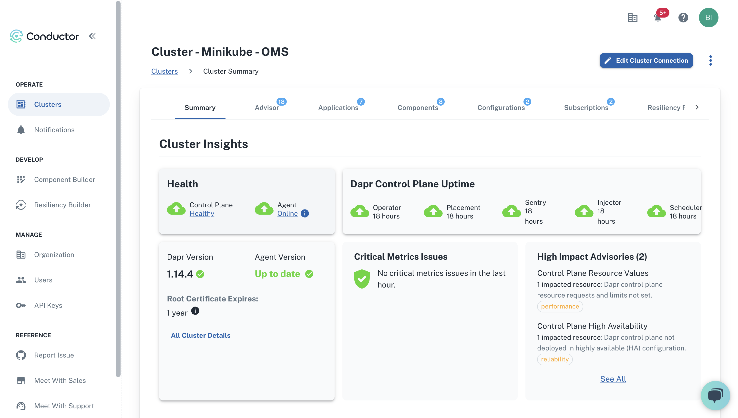 Dive into the cluster dashboard, where issues are surfaced across the cluster, application, and infrastructure components level.