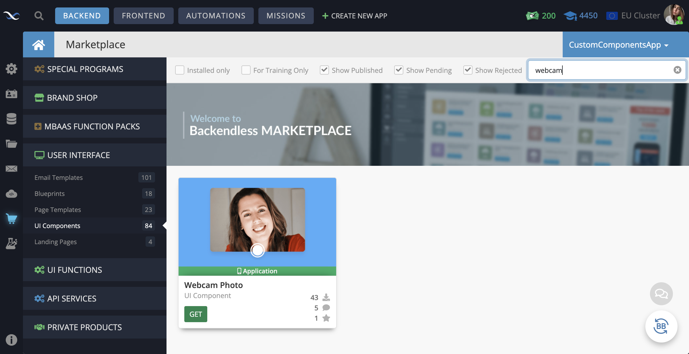 In your Backendless App, go to the Marketplace -> User Interface tab and install the Webcam Photo component