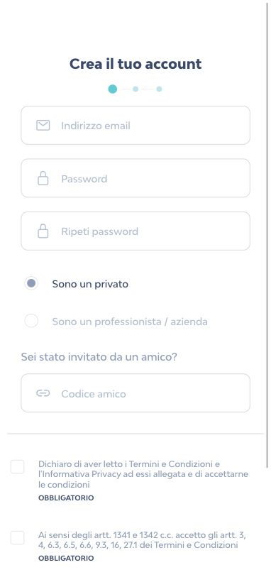 Inserisci la tua email e scegli una password per il tuo account