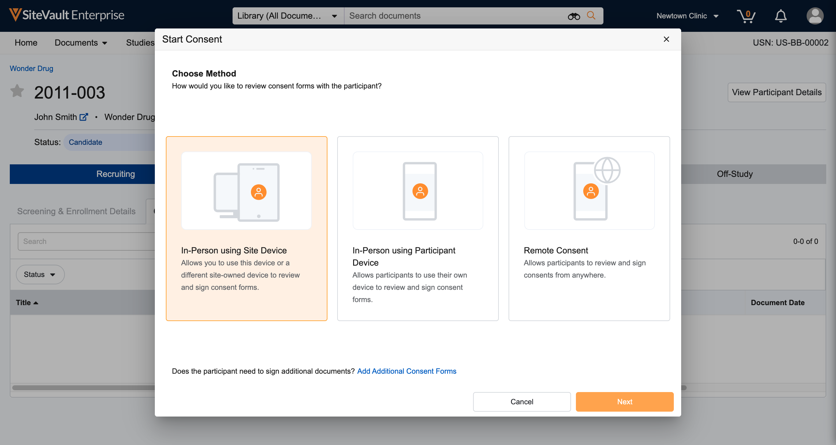 In-Person using Site Device is selected. **Next**