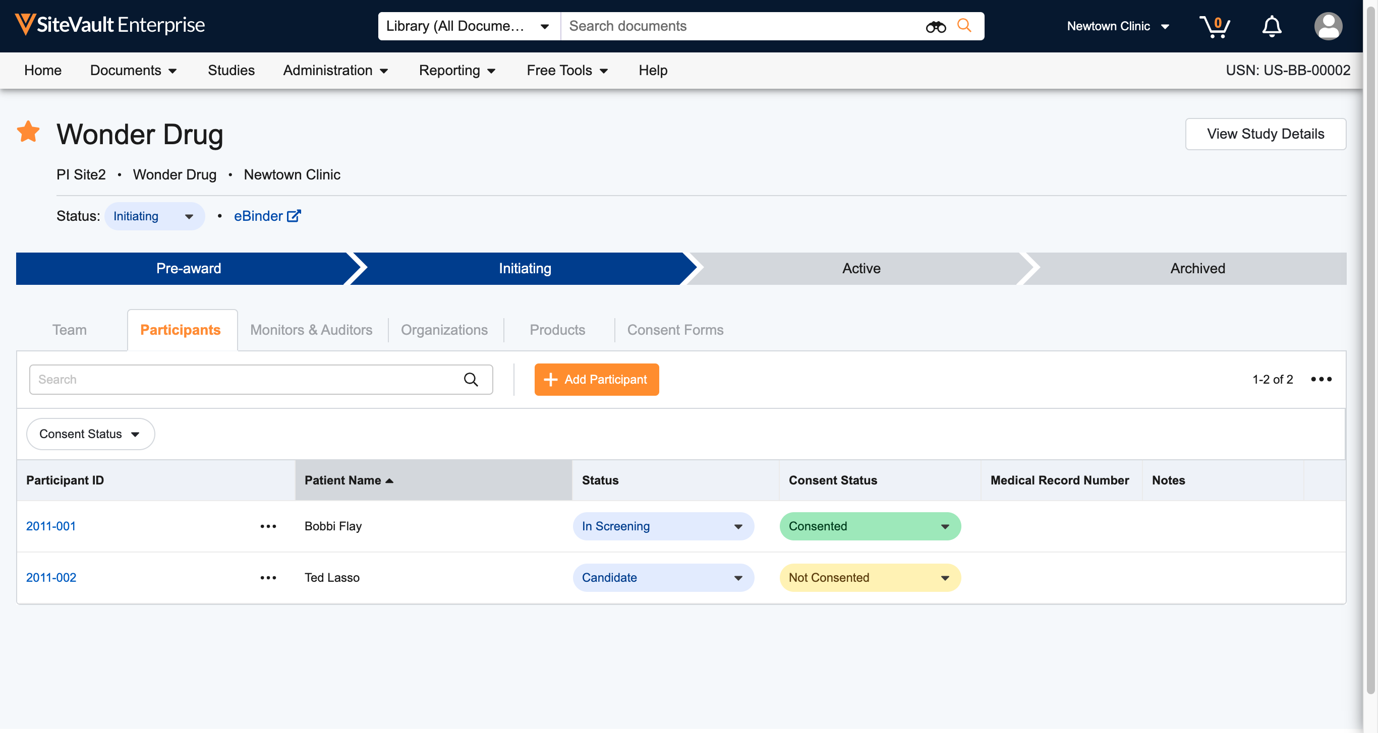 Navigate to the Study and Select the **Participants** Tab.