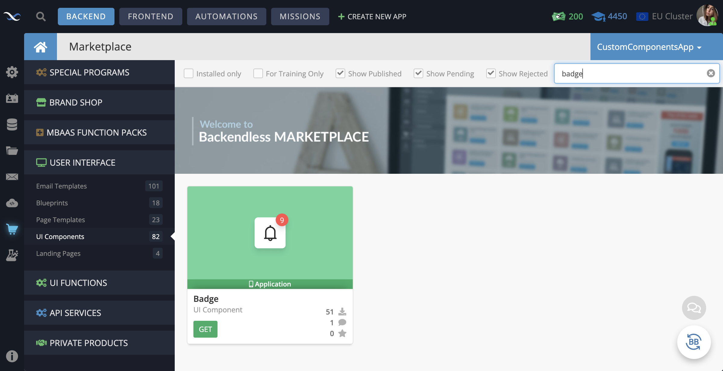 In your Backendless App, go to the Marketplace -> User Interface tab and install the Badge component