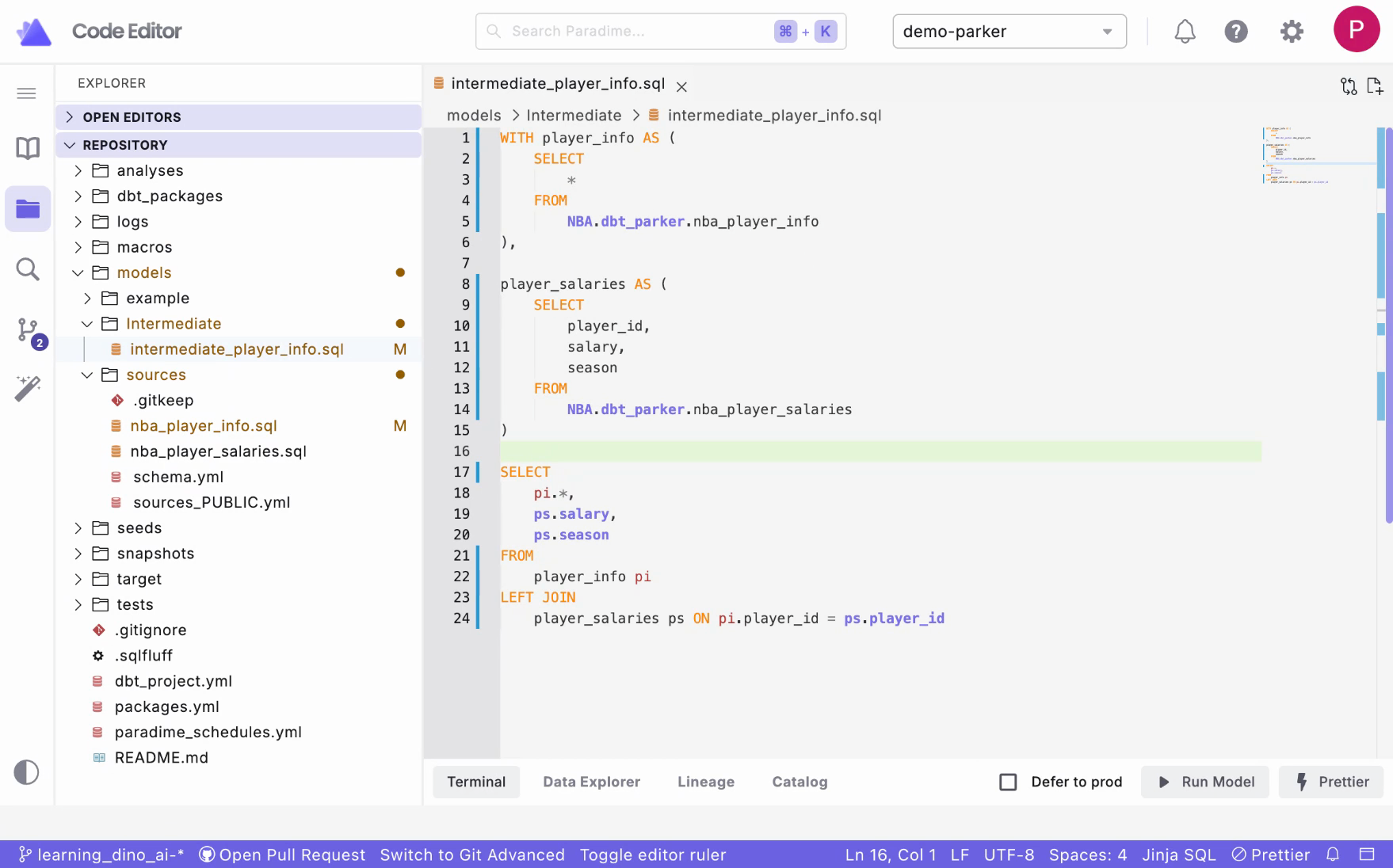 Access DinoAI commands by right-clicking a .sql file.
