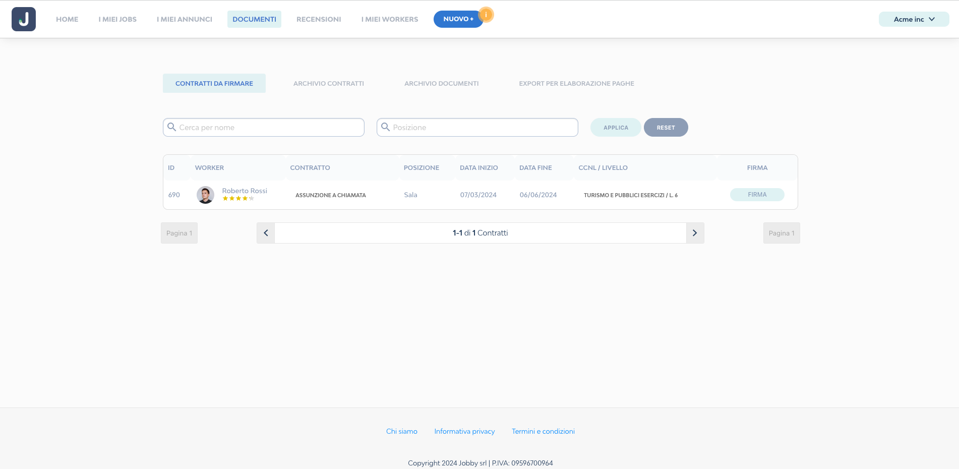 Nella prima schermata potrai visualizzare l'elenco dei contratti che sono in attesa di una tua firma per essere attivati. Clicca per firmare il contratto.