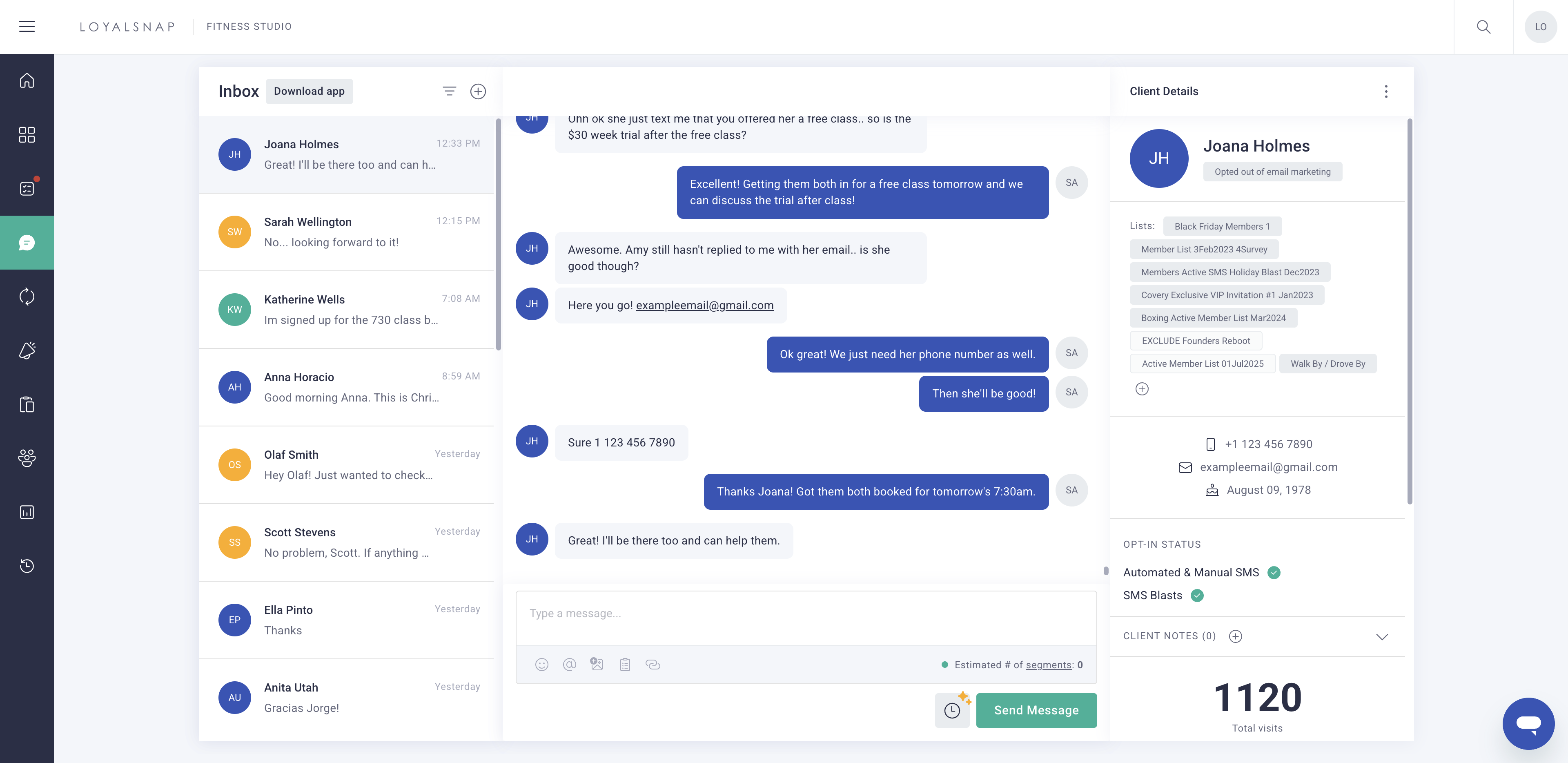 After you choose a **client**, their **details** open on the right, giving you quick access to their **contact info, history, status,** and **category.**