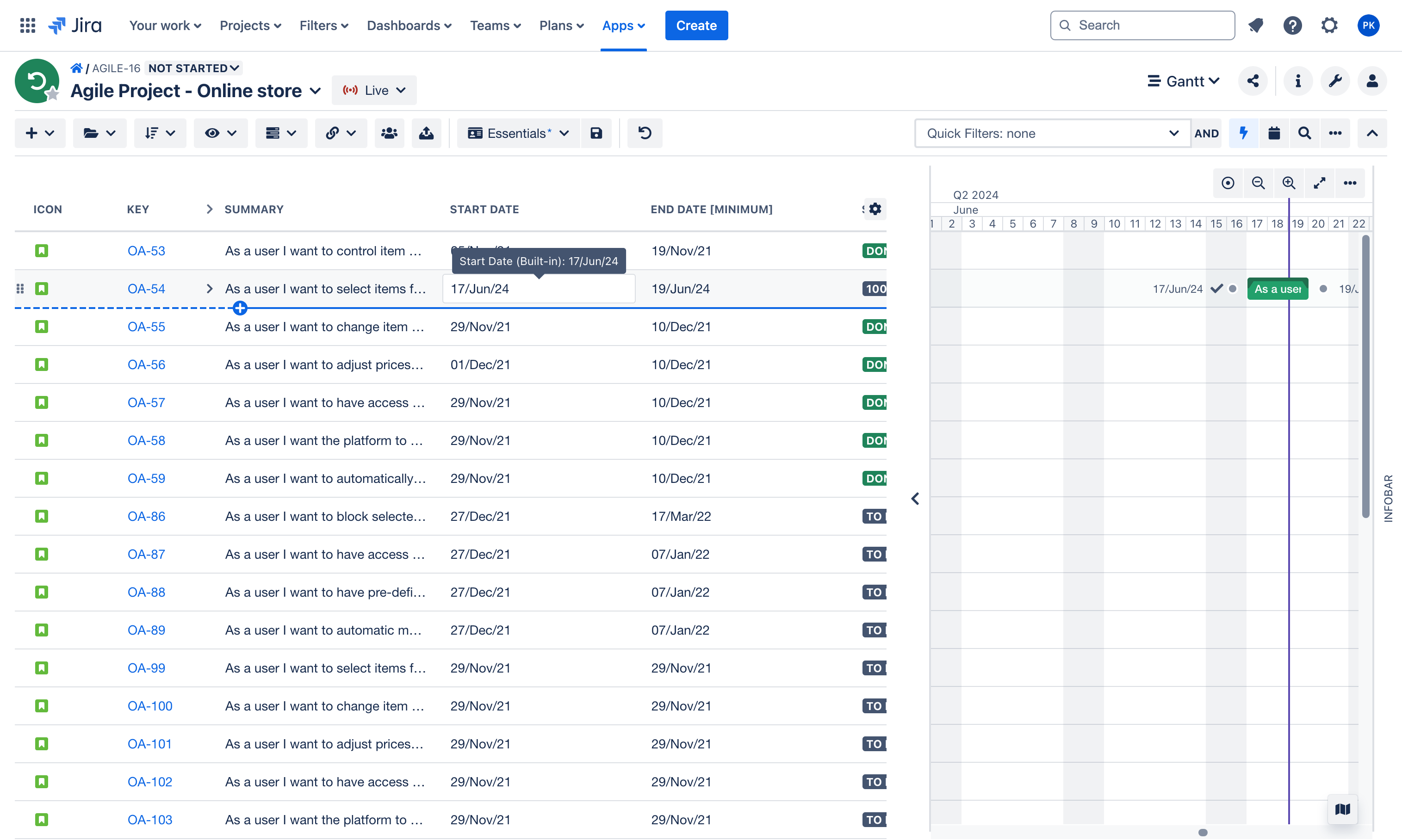 The date in the column reflects the date in the Gantt chart